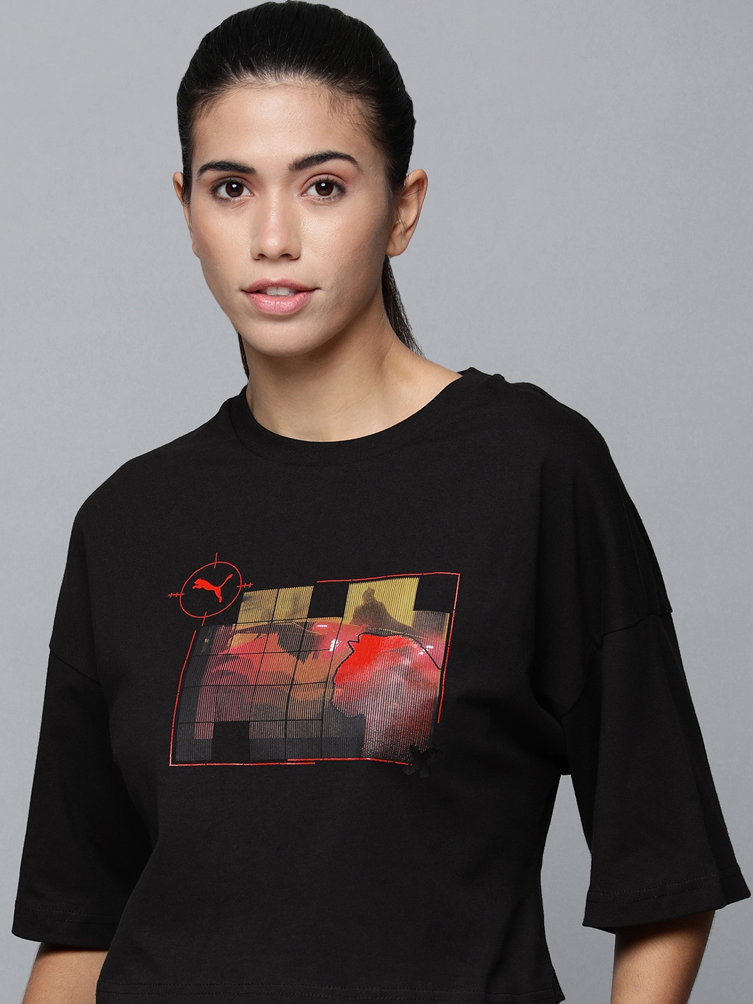 

Puma Women Black & Red Batman Printed Drop-Shoulder SleevesbPure Cotton T-shirt