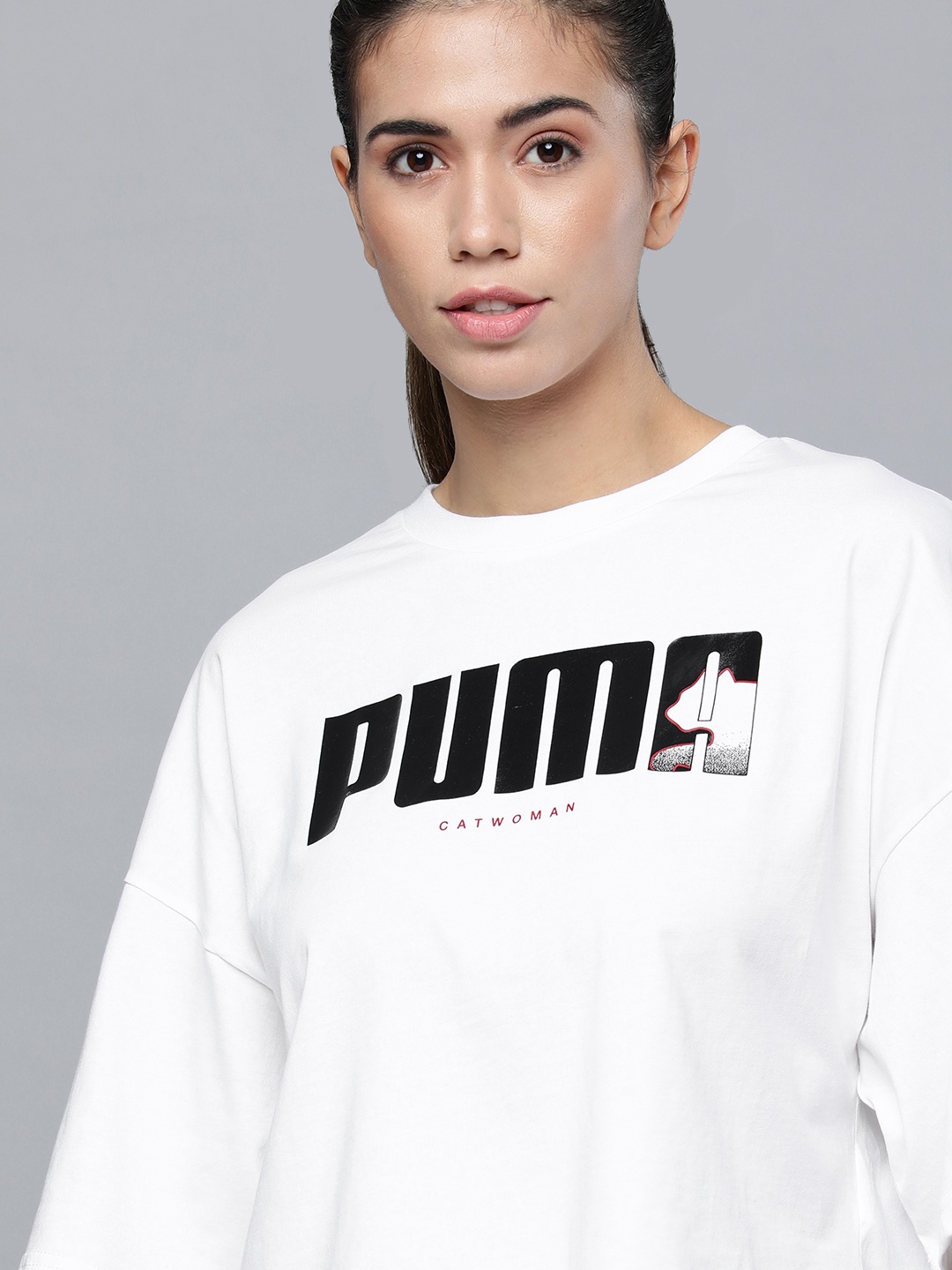 

Puma x Batman Women White & Black Brand Logo Printed Drop-Shoulder Sleeves T-shirt