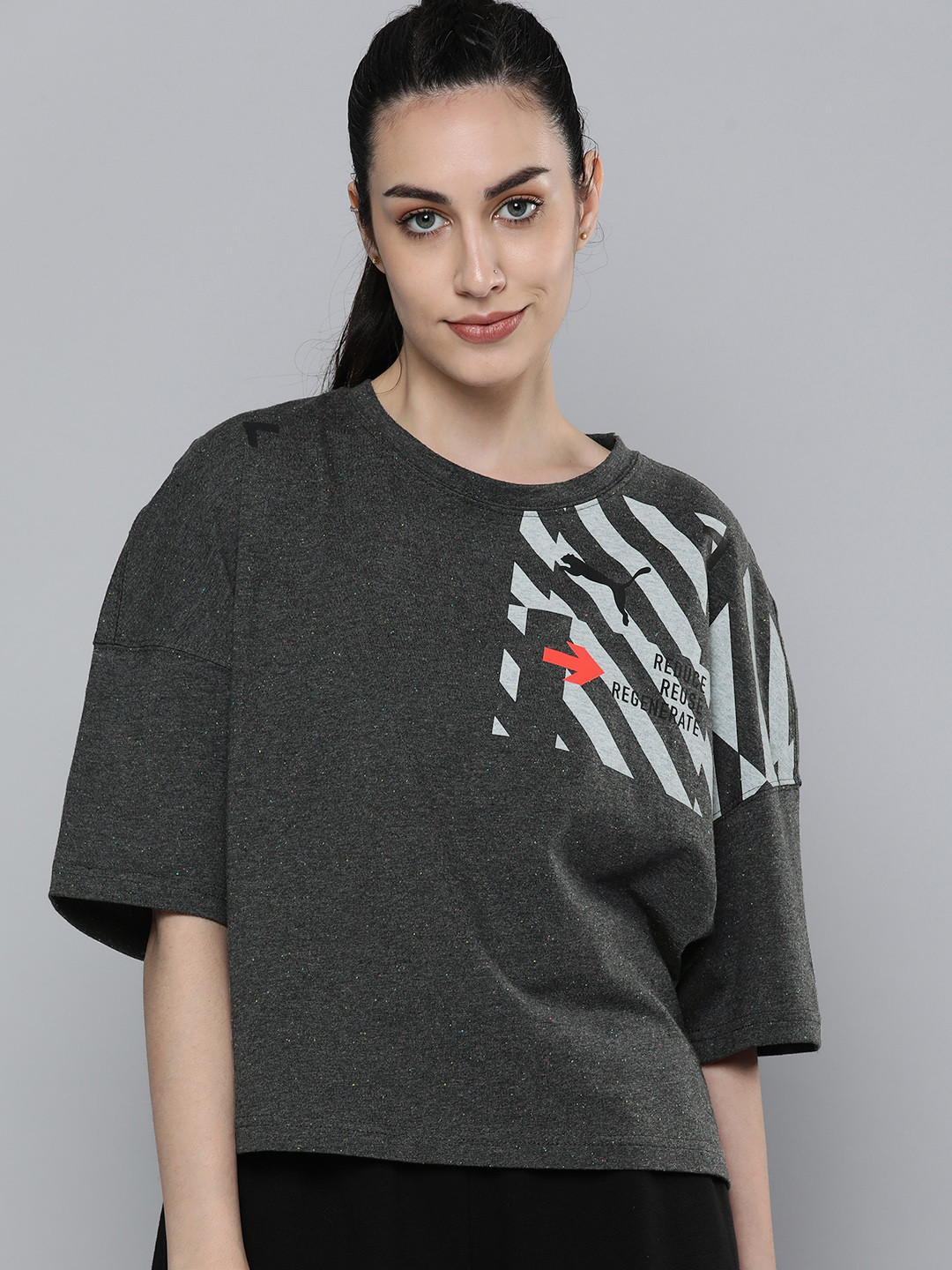 

Puma Women Grey & Black Printed RE:Collection Oversized Extended Sleeves T-shirt