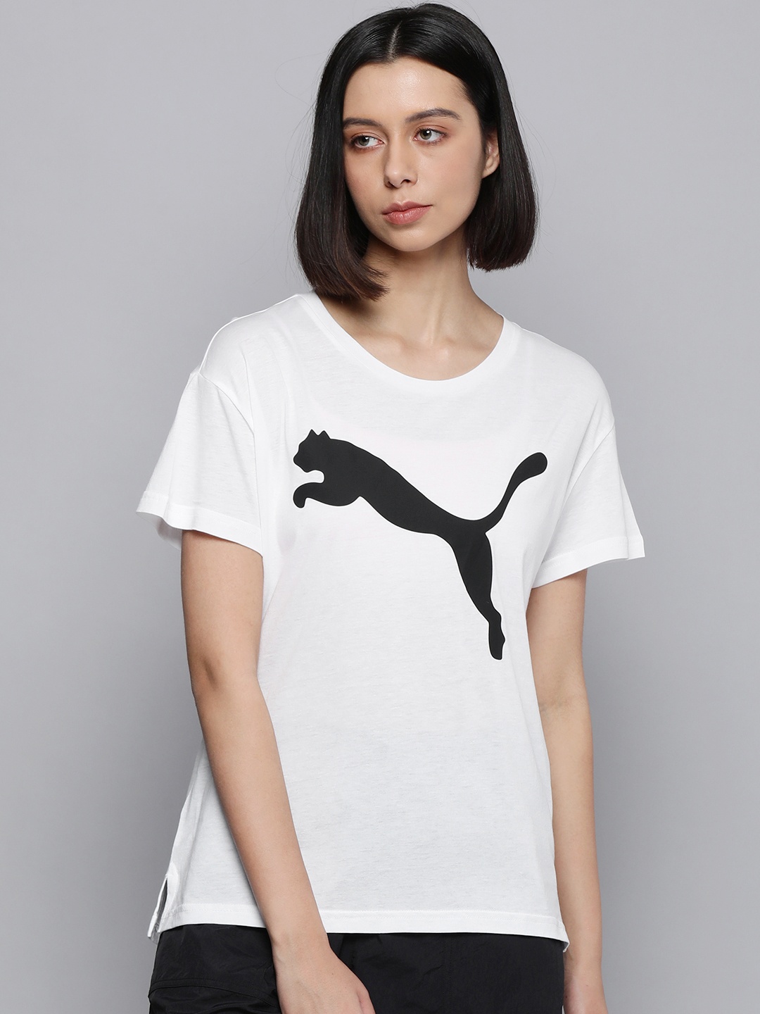 

Puma Women White Brand Logo Print Drop-Shoulder Sleeves dryCELL RTG Relaxed Fit T-shirt