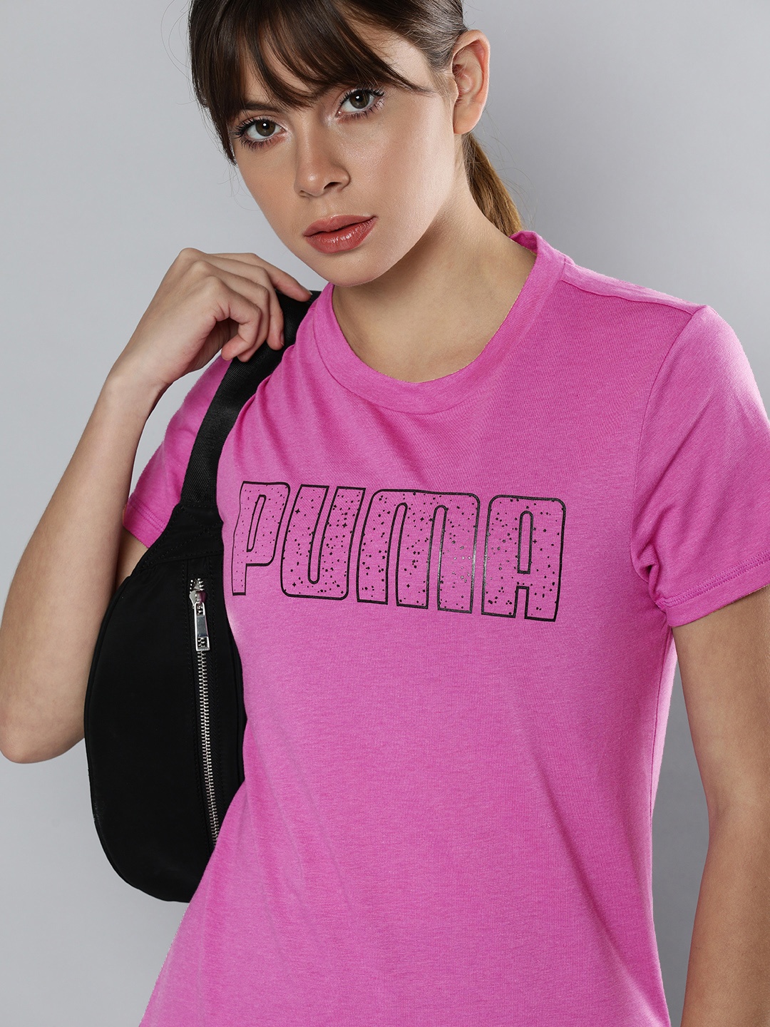 

Puma Women Pink & Black Brand Logo Printed DryCell Regular Fit T-shirt