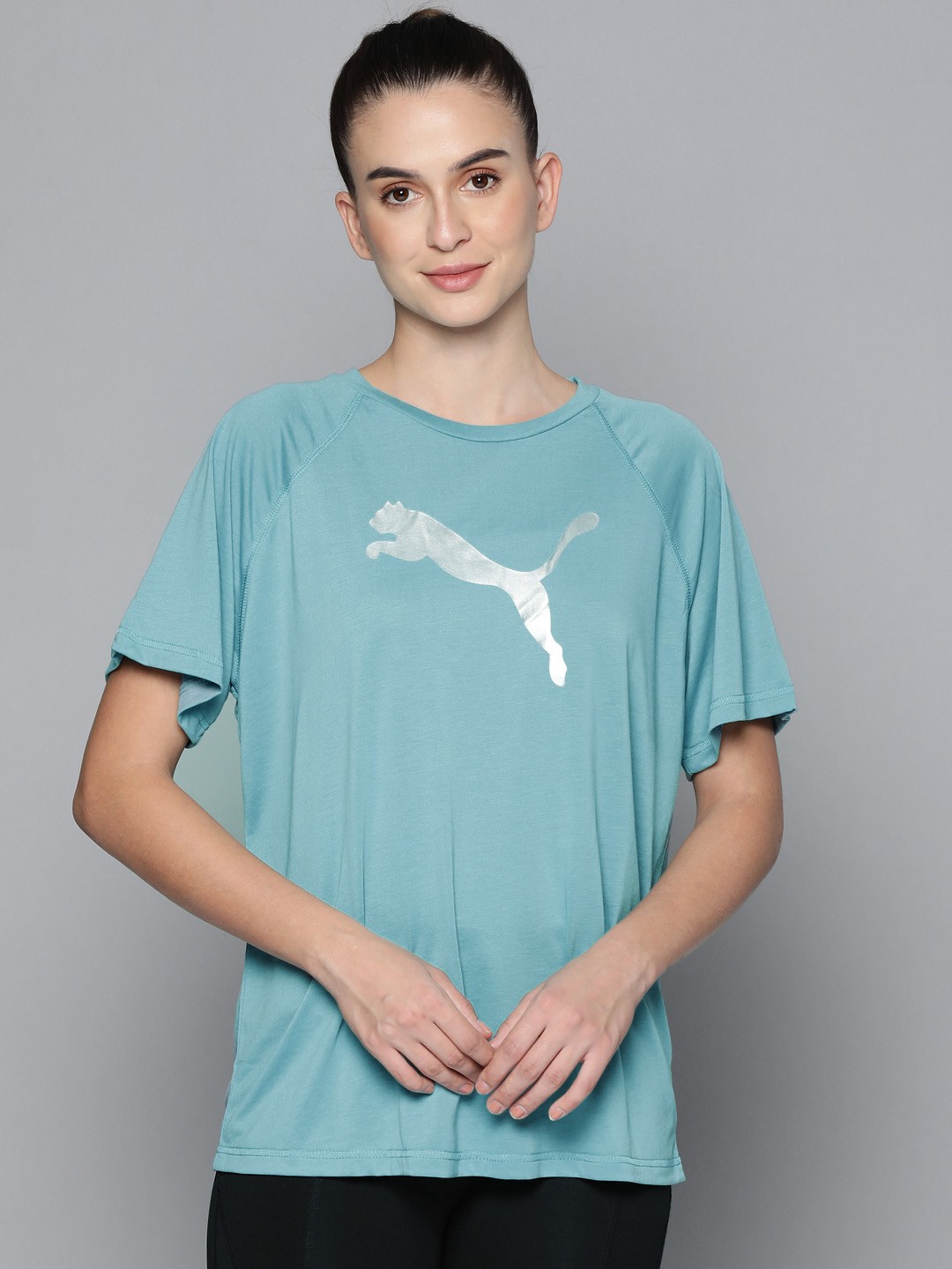 

Puma Women Turquoise Blue Graphic Printed Relaxed Fit Casual Sustainable T-shirt