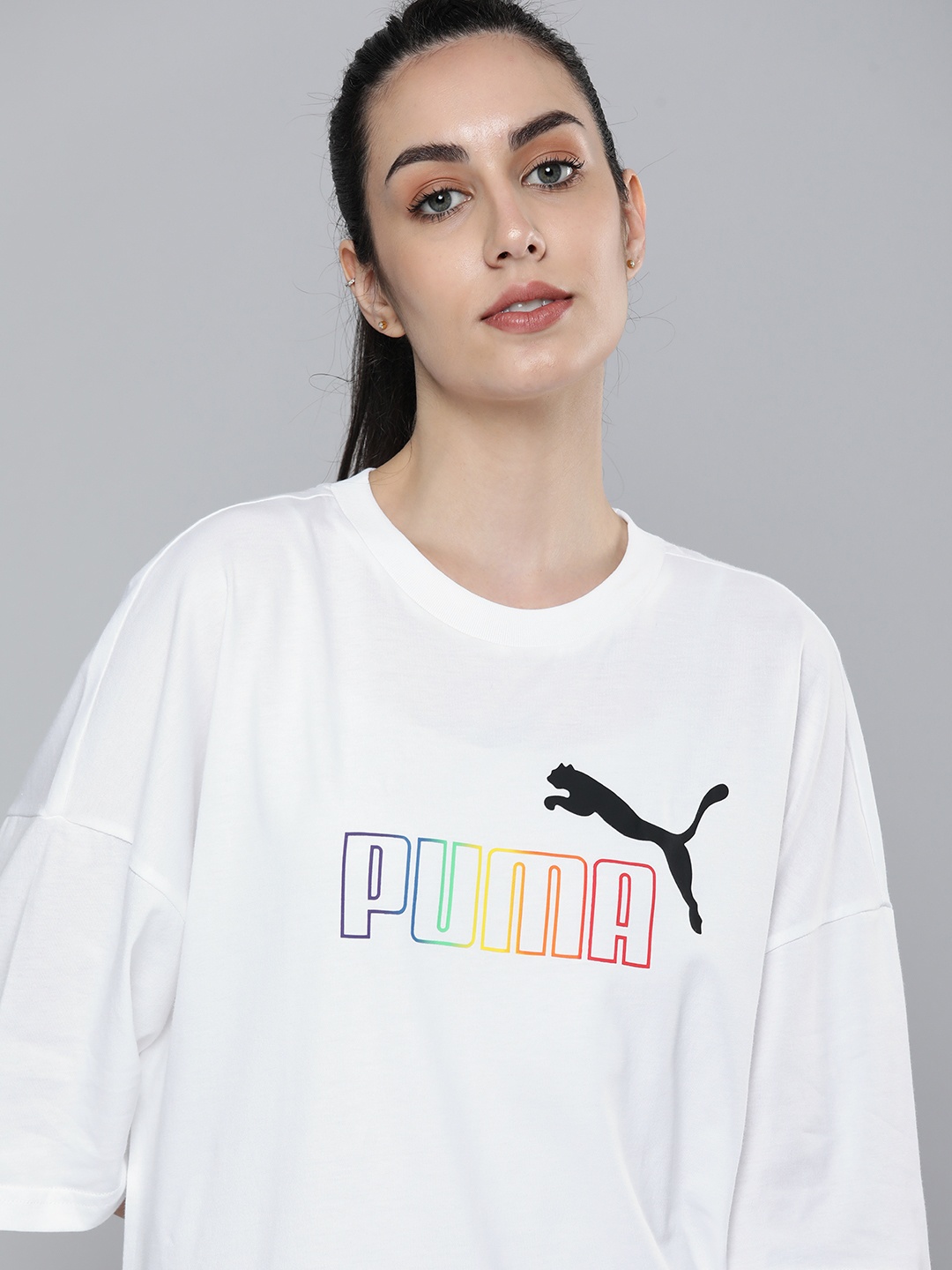 

Puma Women White & Black Printed Essentials+ Rainbow Extended Sleeves Loose T-shirt