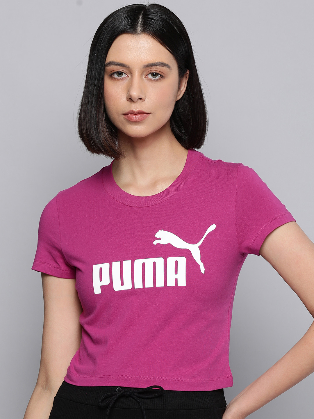 

Puma Women Fuchsia Pink Brand Logo Print Round Neck Essentials Slim Fit T-shirt