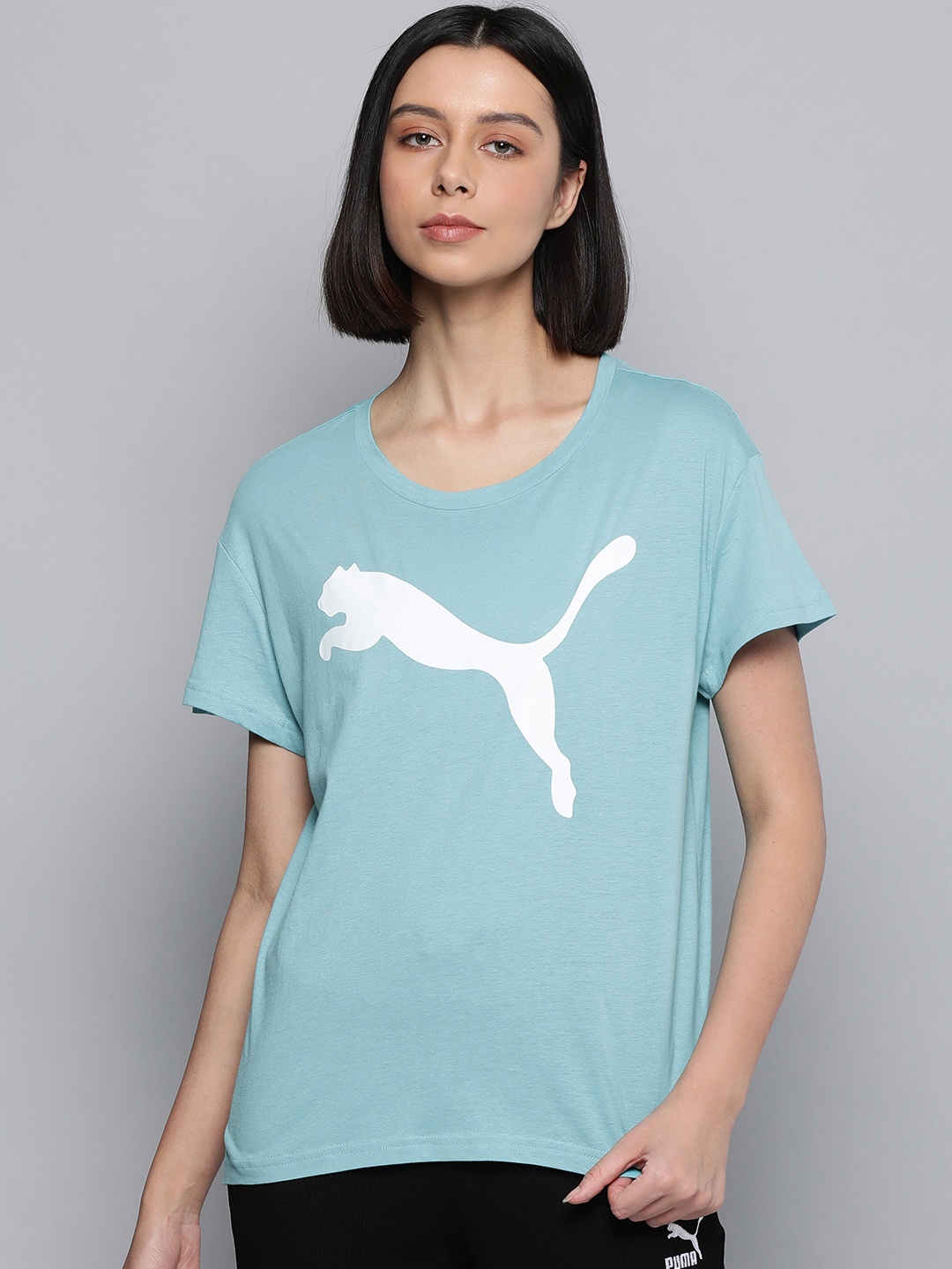 

Puma Women Blue Brand Logo Print Drop-Shoulder Sleeves dryCELL RTG Relaxed Fit T-shirt