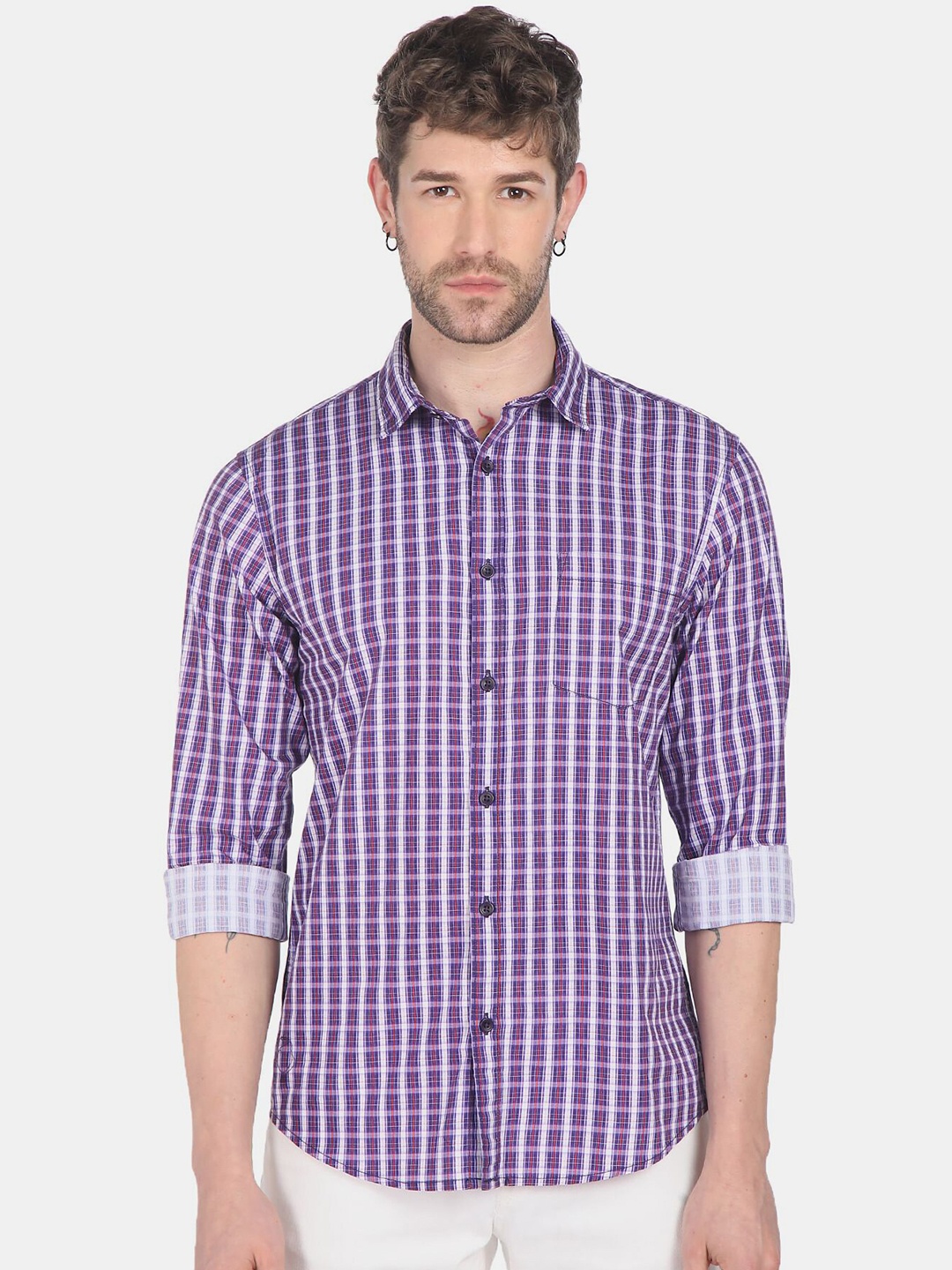 

Ruggers Men Purple & White Tartan Checked Pure Cotton Casual Shirt