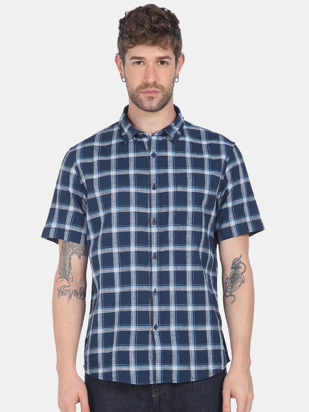 

Ruggers Men Navy Blue & Grey Tartan Checked Pure Cotton Casual Shirt