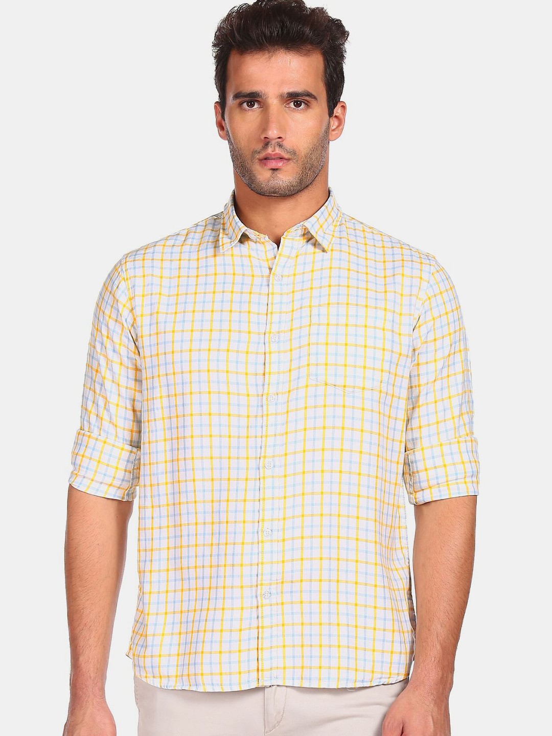 

Ruggers Men White & Mustard Yellow Checked Pure Cotton Casual Shirt