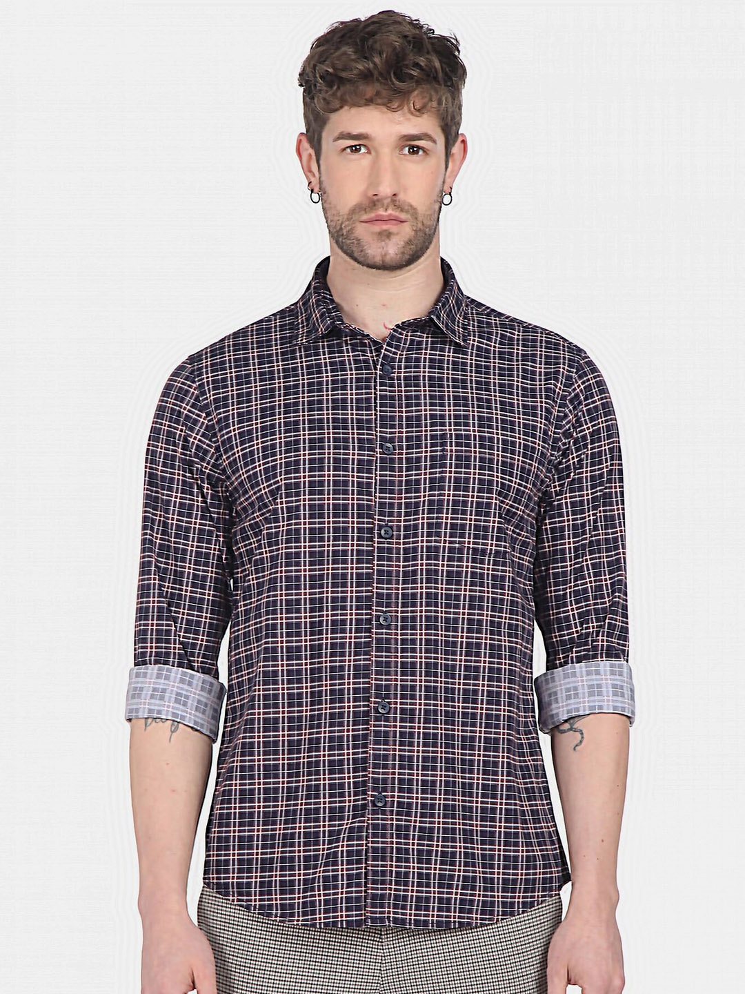 

Ruggers Men Navy Blue & Red Tartan Checked Pure Cotton Casual Shirt