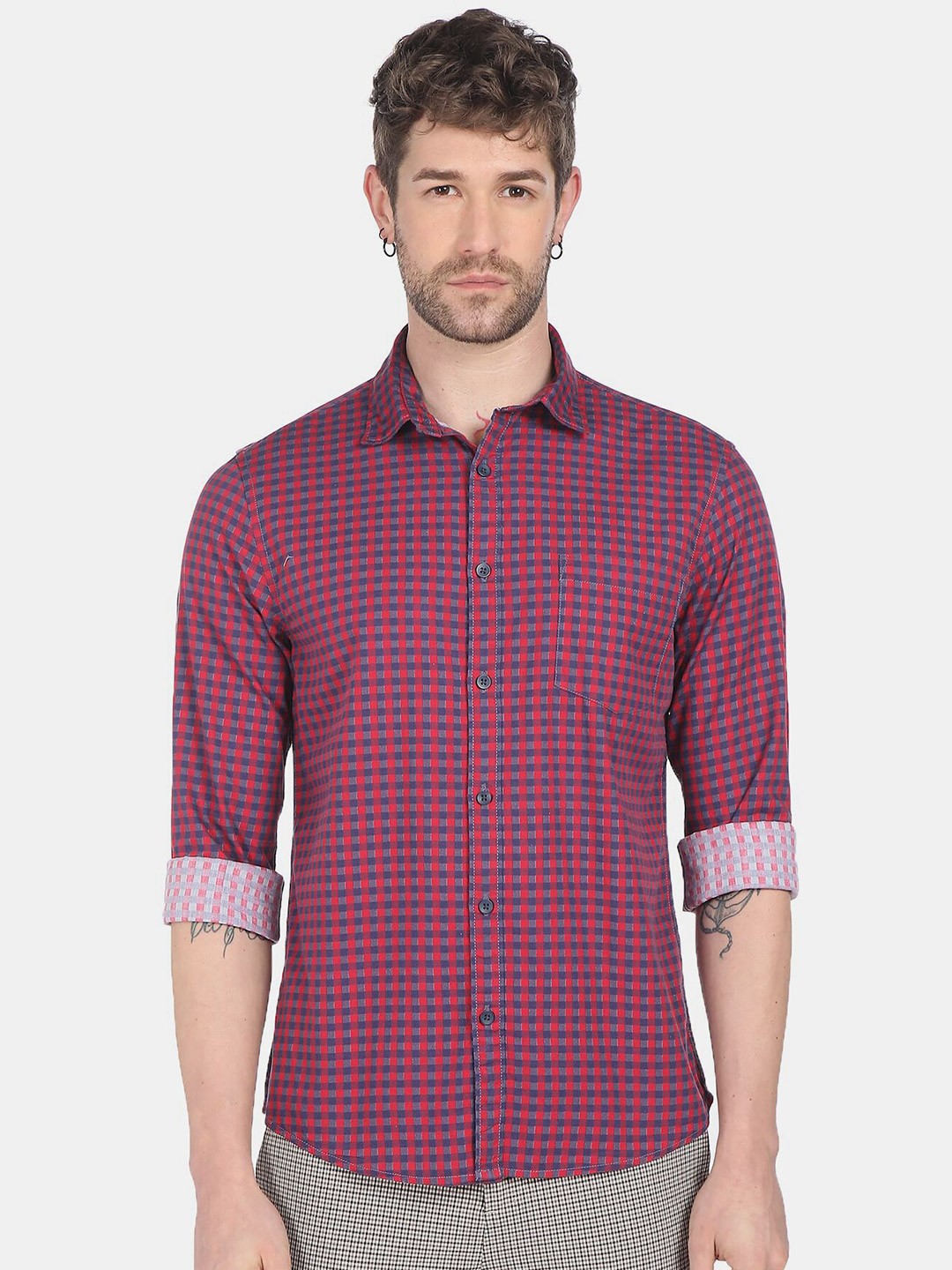 

Ruggers Men Red & Navy Blue Checked Pure Cotton Casual Shirt