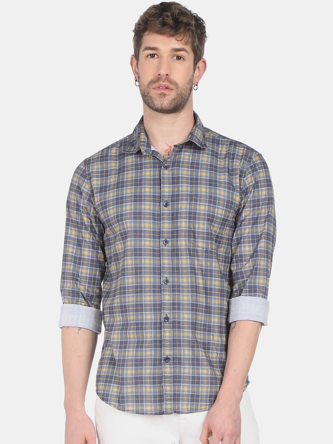 

Ruggers Men Green & Yellow Checked Pure Cotton Casual Shirt