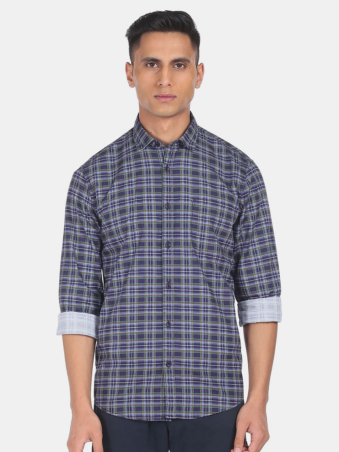 

Ruggers Men Navy Blue & White Checked Pure Cotton Casual Shirt