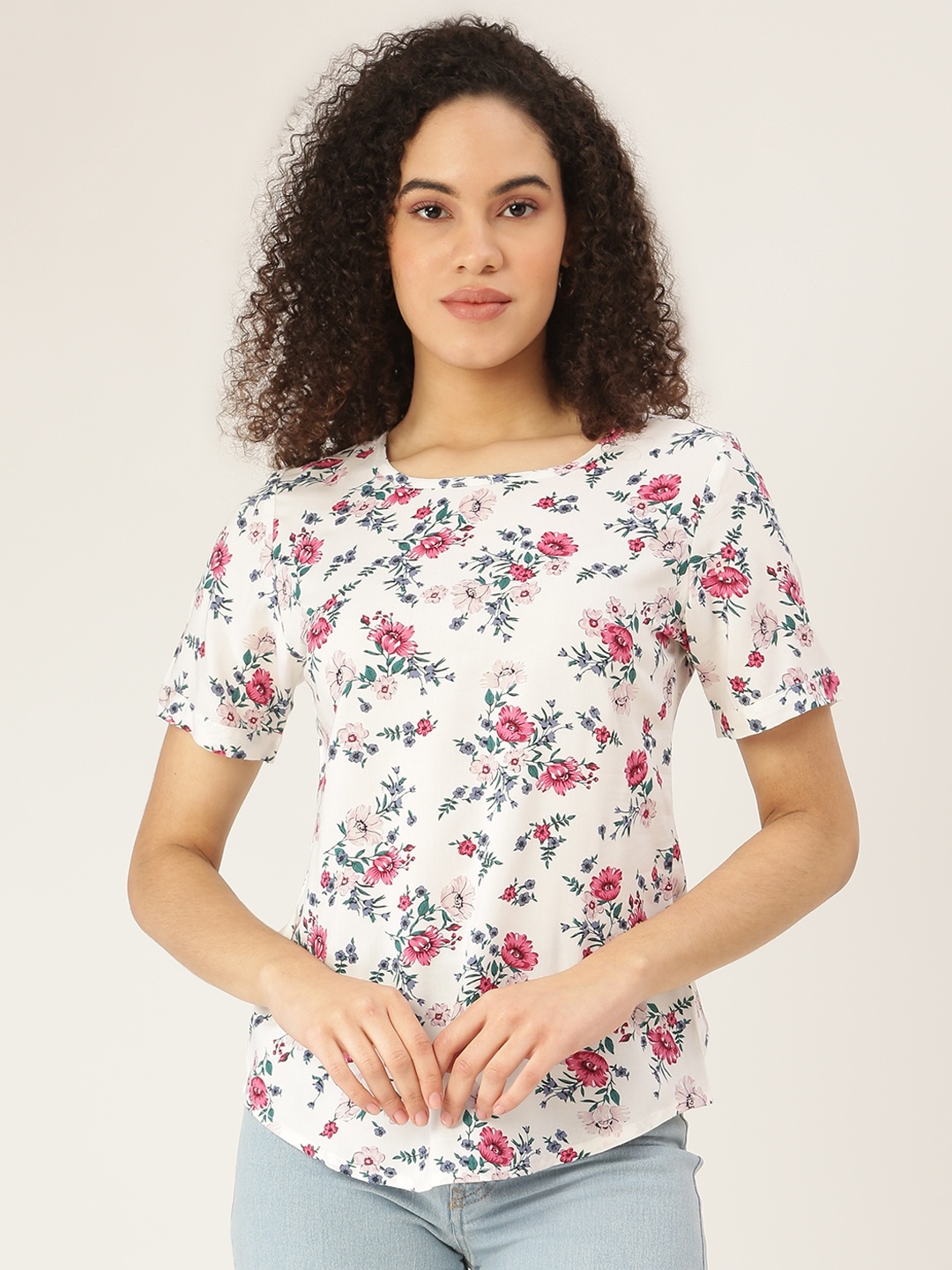 

BRINNS White & Pink Floral Print Top