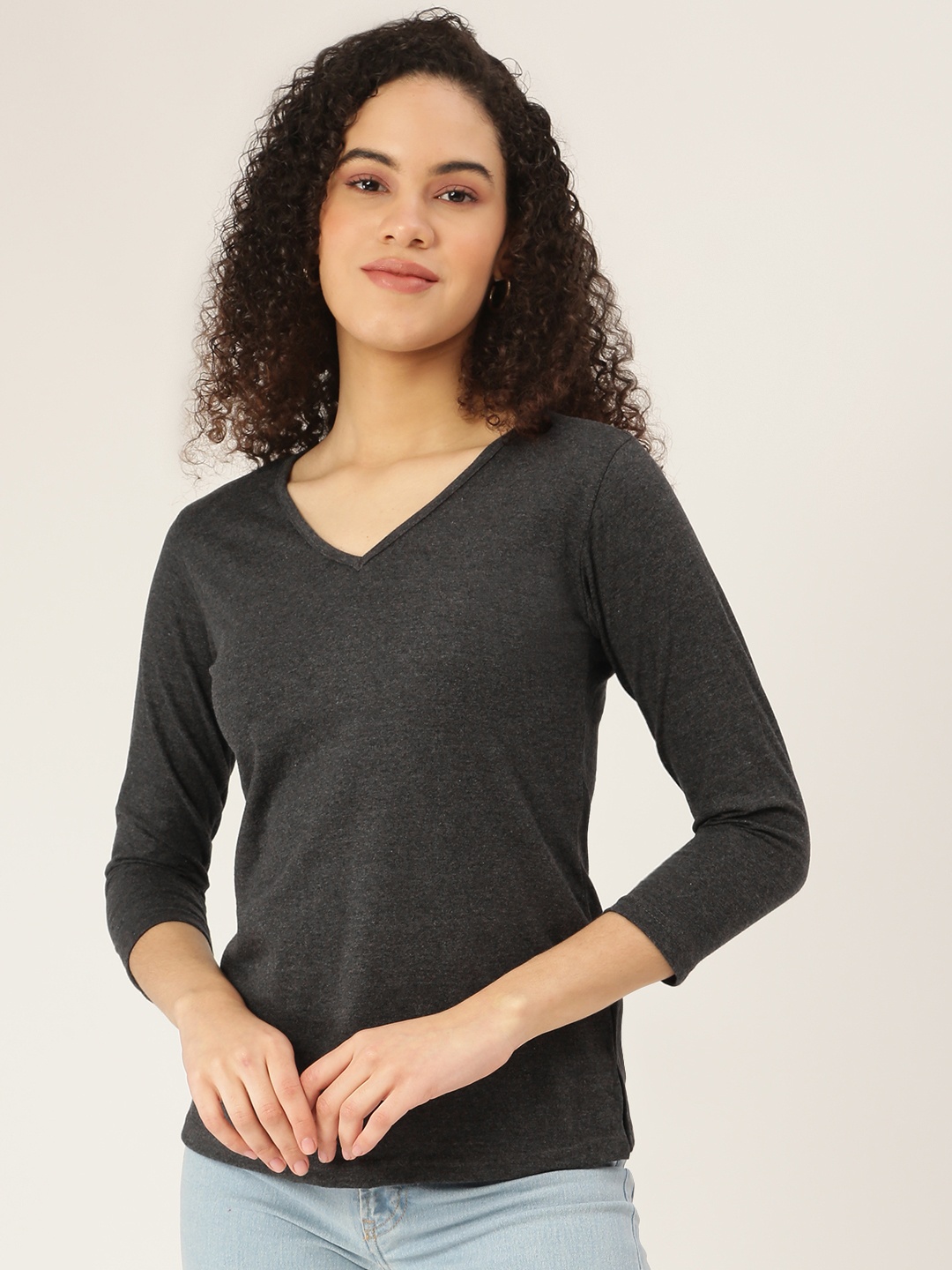 

BRINNS Women Charcoal Grey V-Neck T-shirt