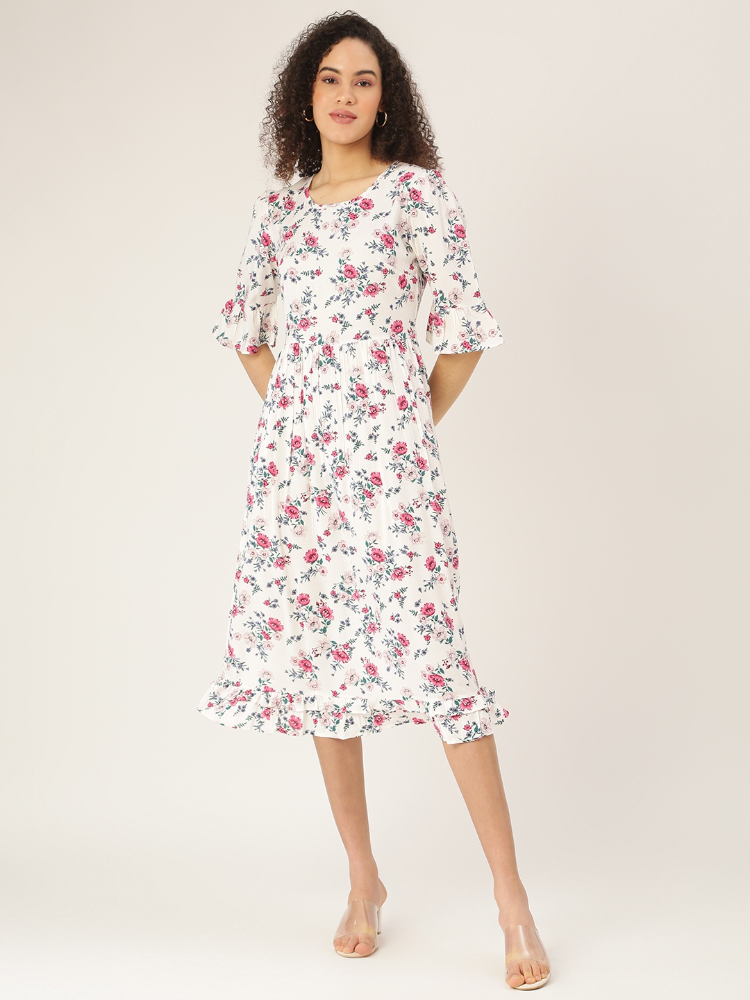 

BRINNS White & Pink Floral A-Line Midi Dress