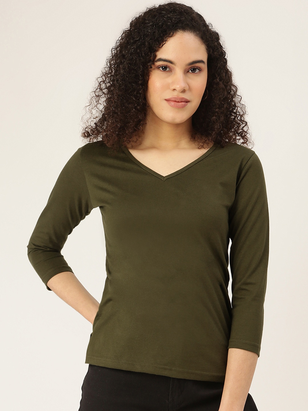 

BRINNS Women Olive Green V-Neck T-shirt