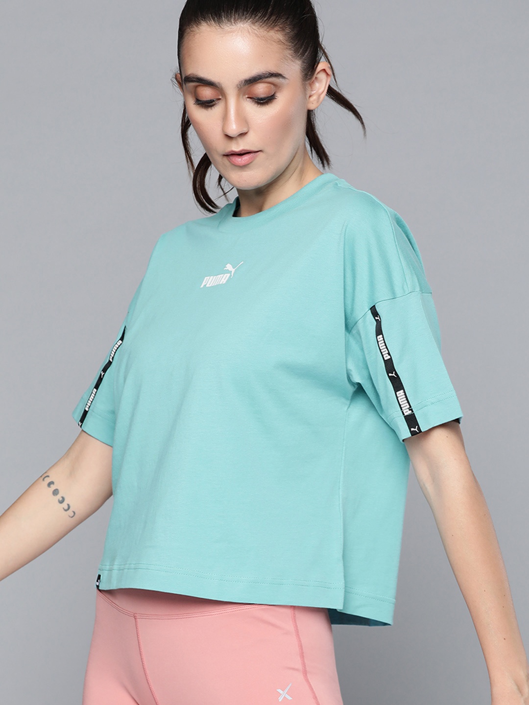 

Puma Women Sea Green Brand Logo Printed Pure Cotton Power Tape Boxy Crop Top