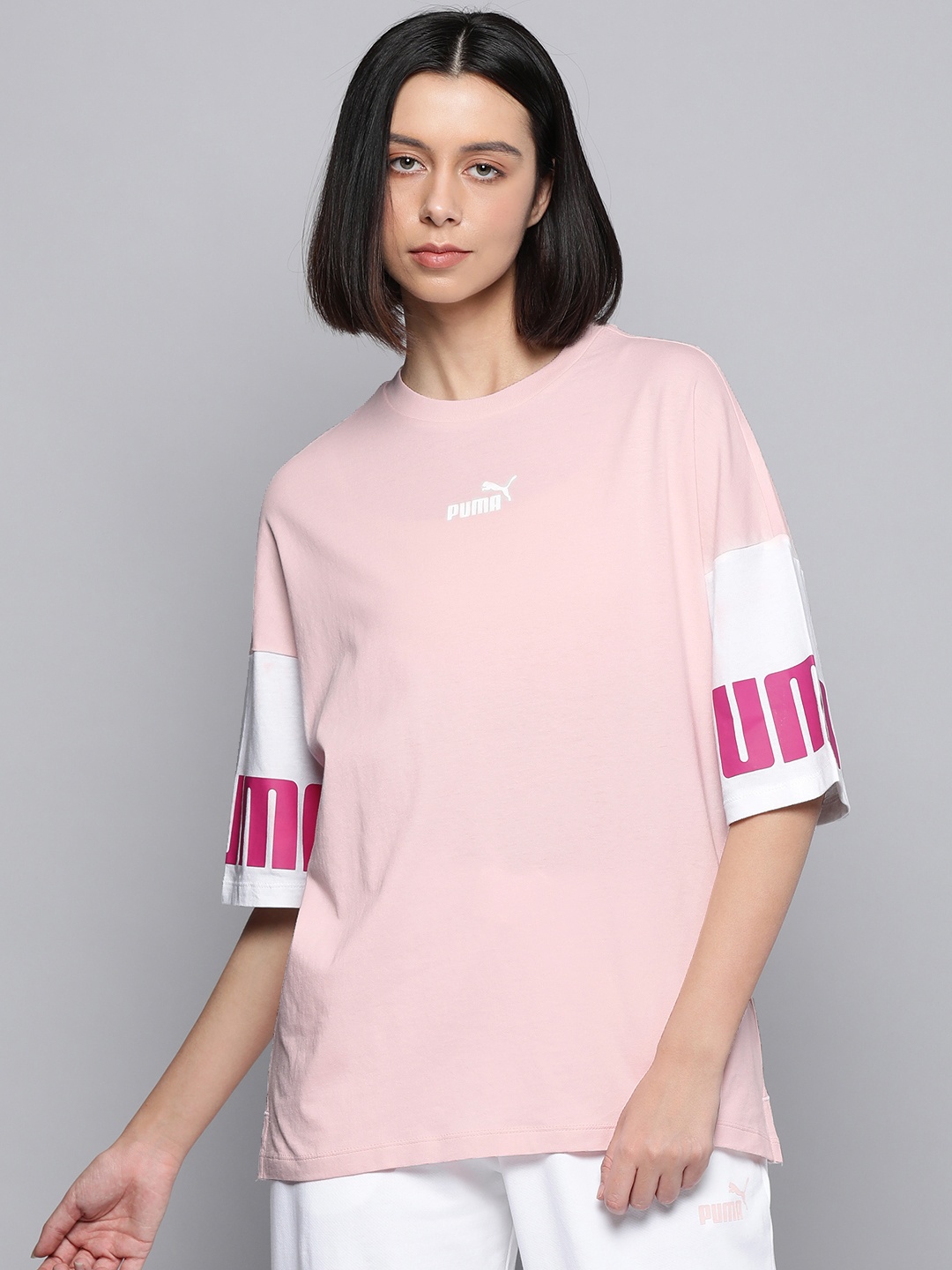 

Puma Light Pink Brand Logo Print Extended Sleeves Longline Top