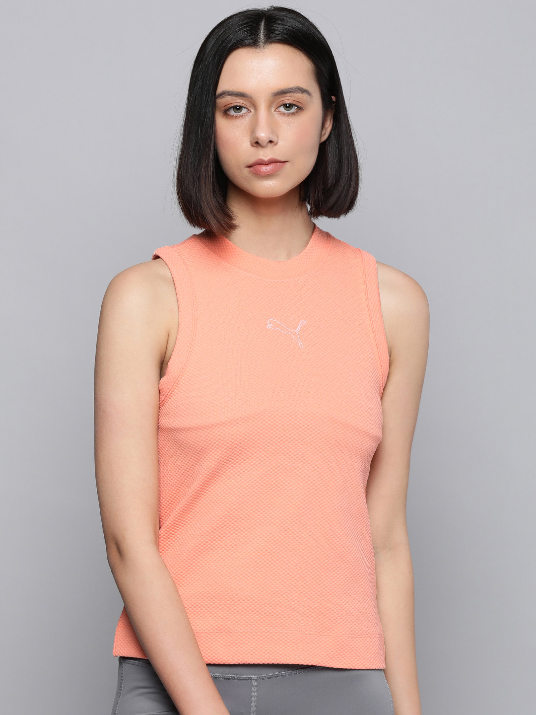 

Puma Peach-Coloured Self Design And Brand Logo Printed Sleeveless Tank Top