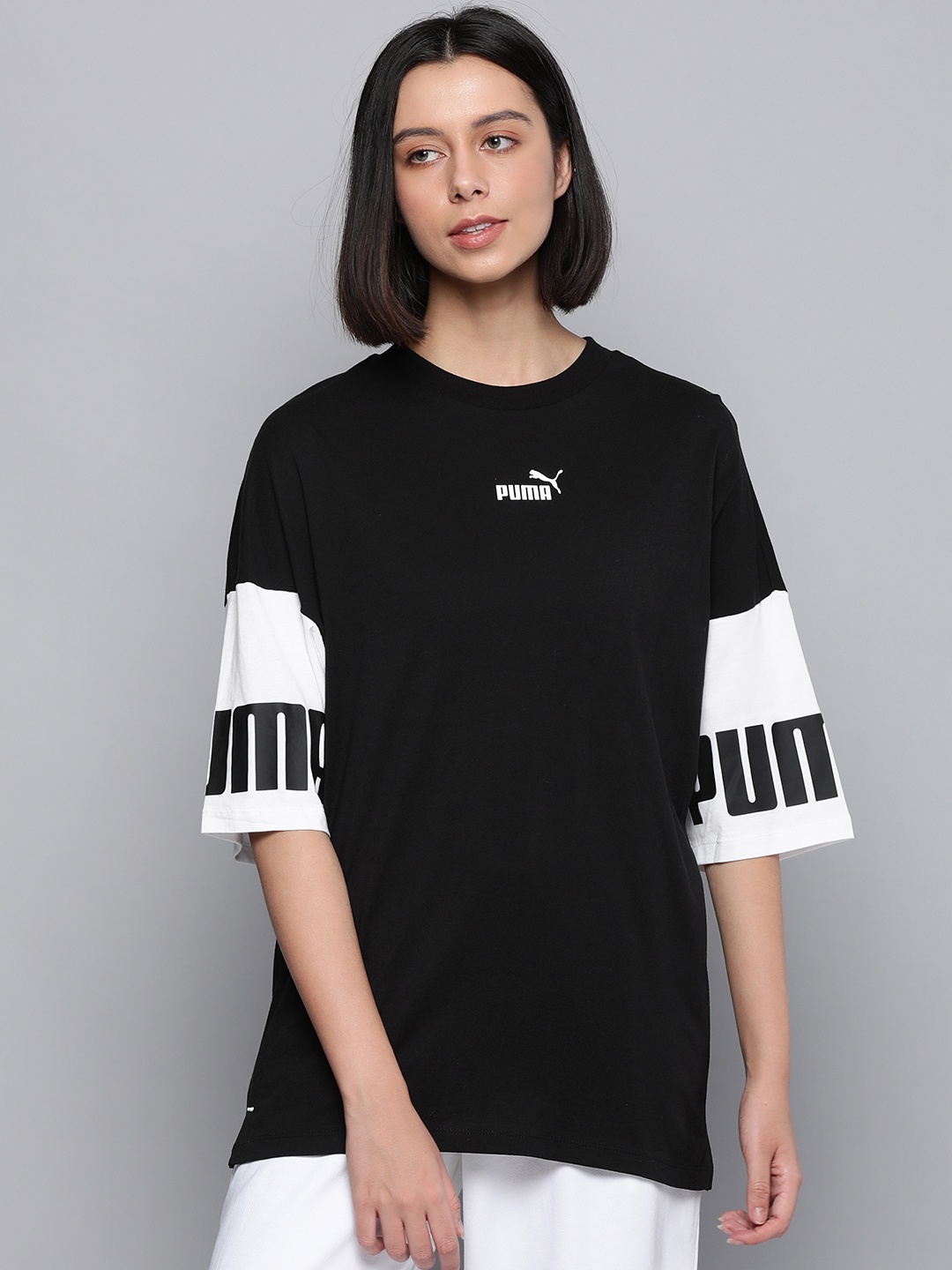 

Puma Black & White Colourblocked And Brand Logo Printed Longline Top