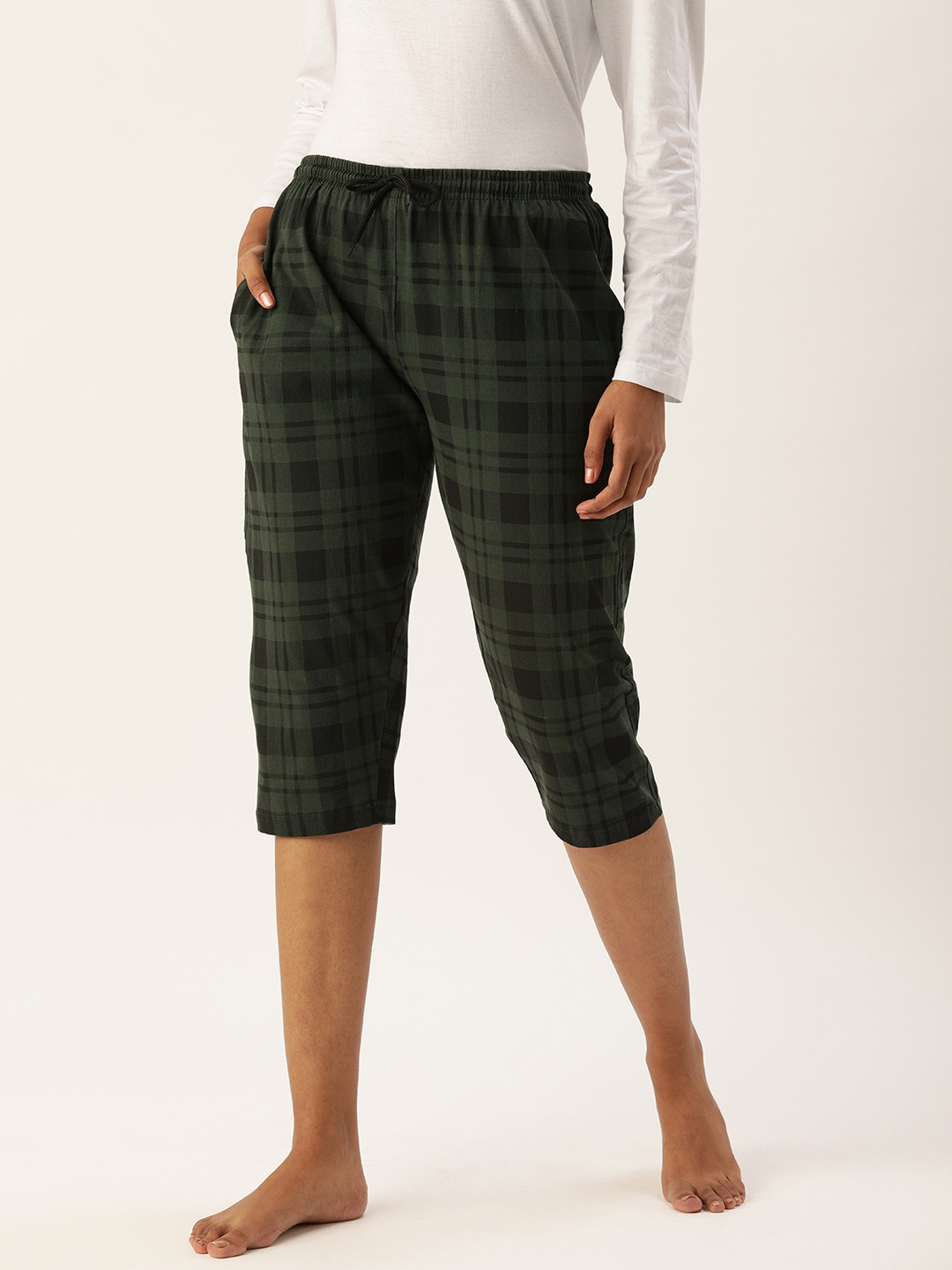 

Kryptic Women Olive Green & Black Checked Pure Cotton Capris