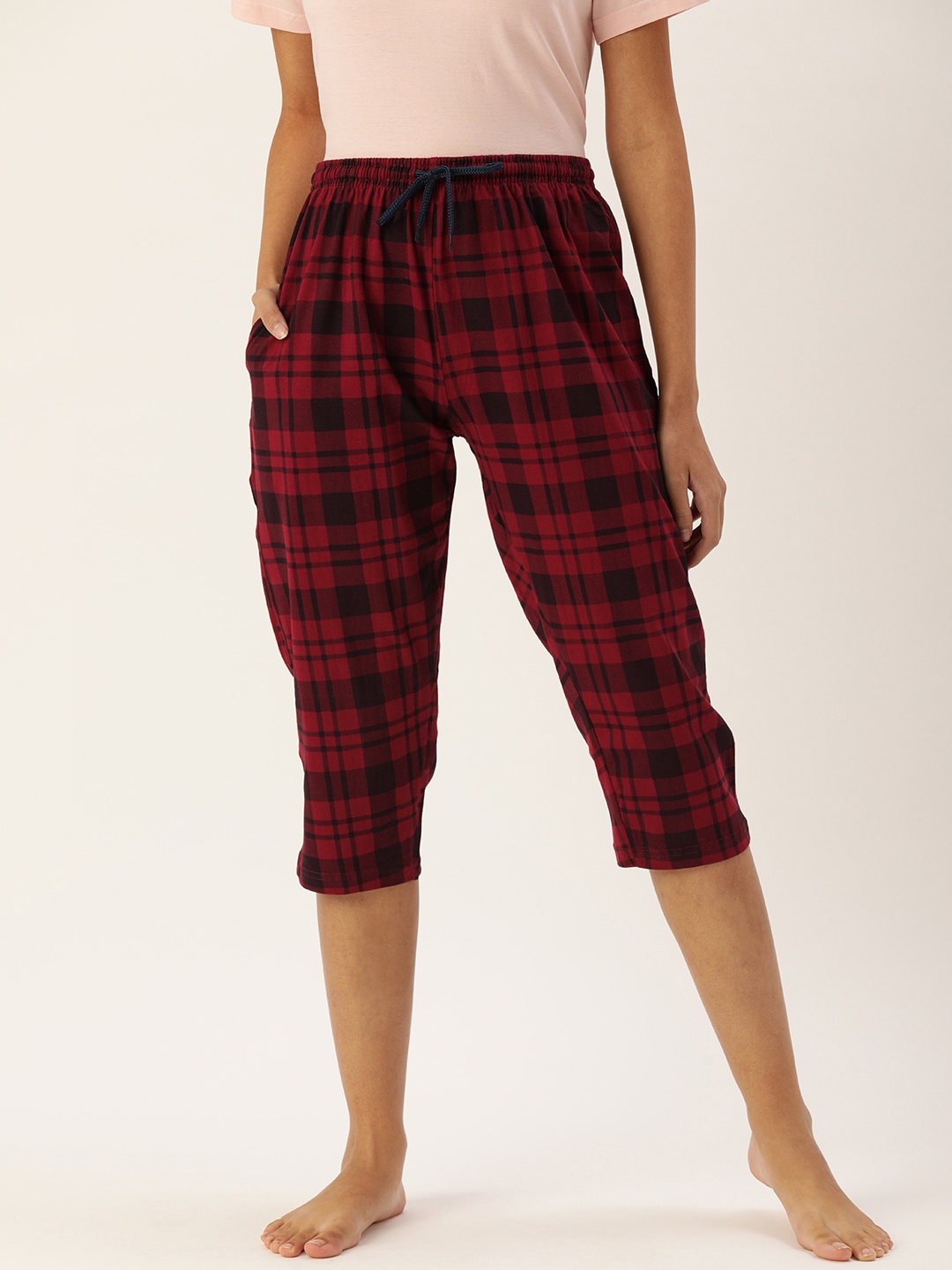 

Kryptic Women Maroon & Black Checked Pure Cotton Lounge Capris
