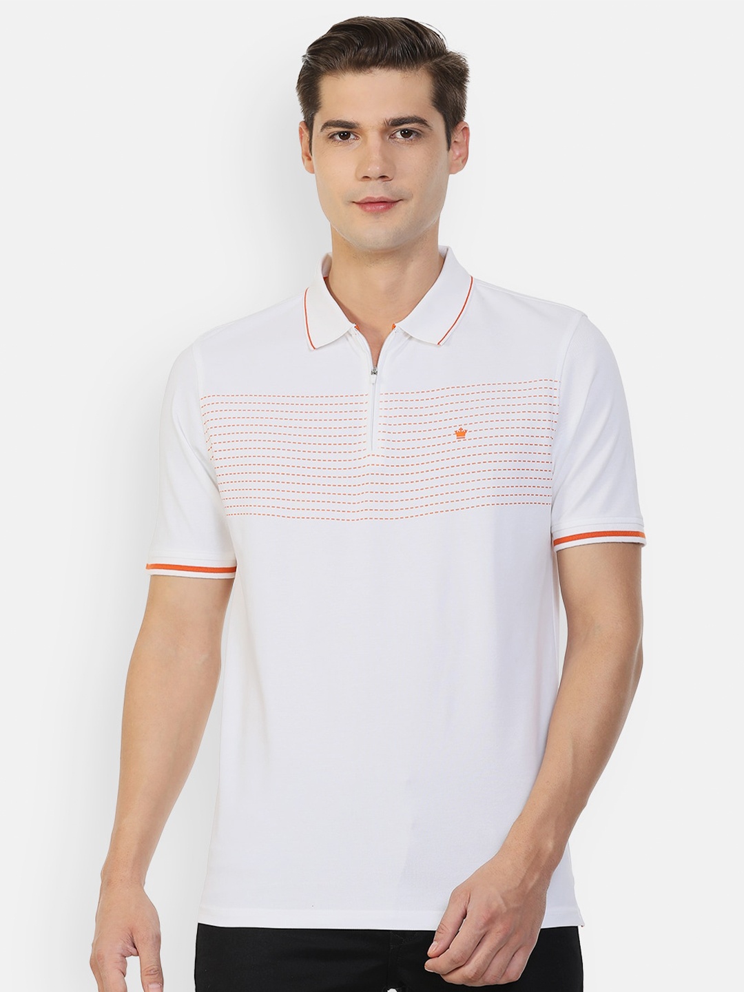 

Louis Philippe Men White & Orange Striped Polo Collar T-shirt