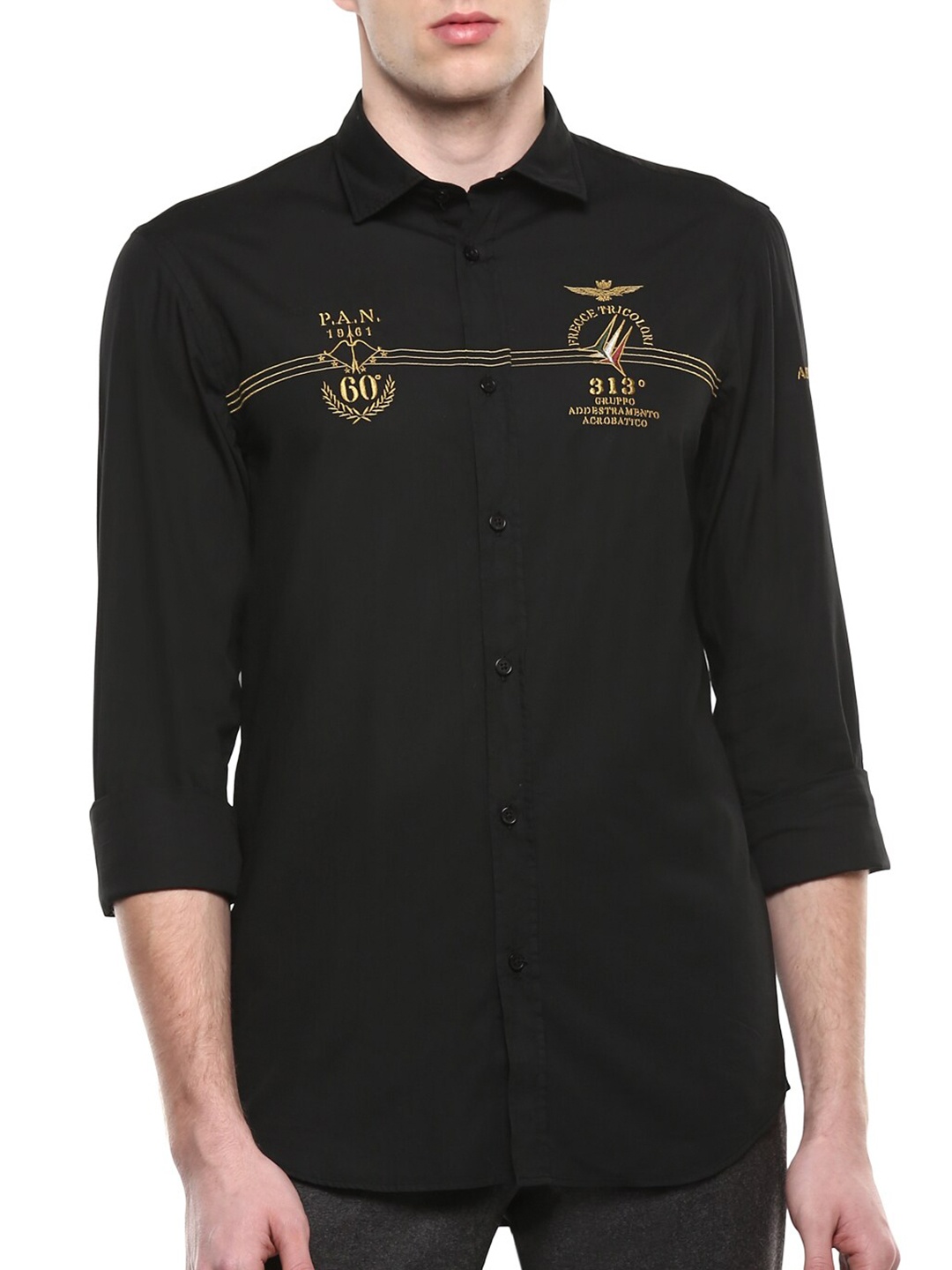 

Aeronautica Militare Men Black & Beige Typography Embroidered Cotton Casual Shirt