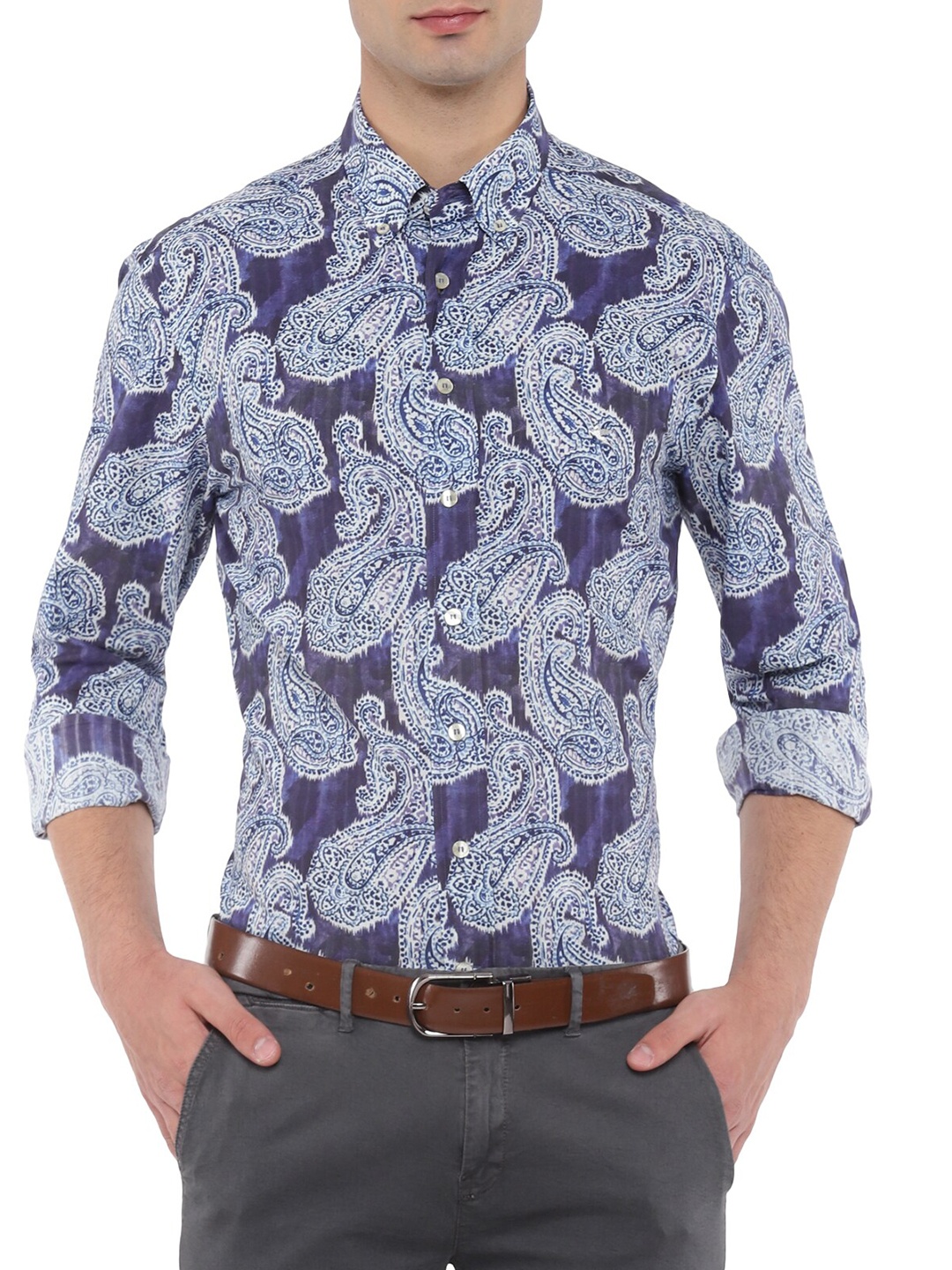 

ETRO Men Navy Blue & White Paisley Printed Cotton Party Shirt