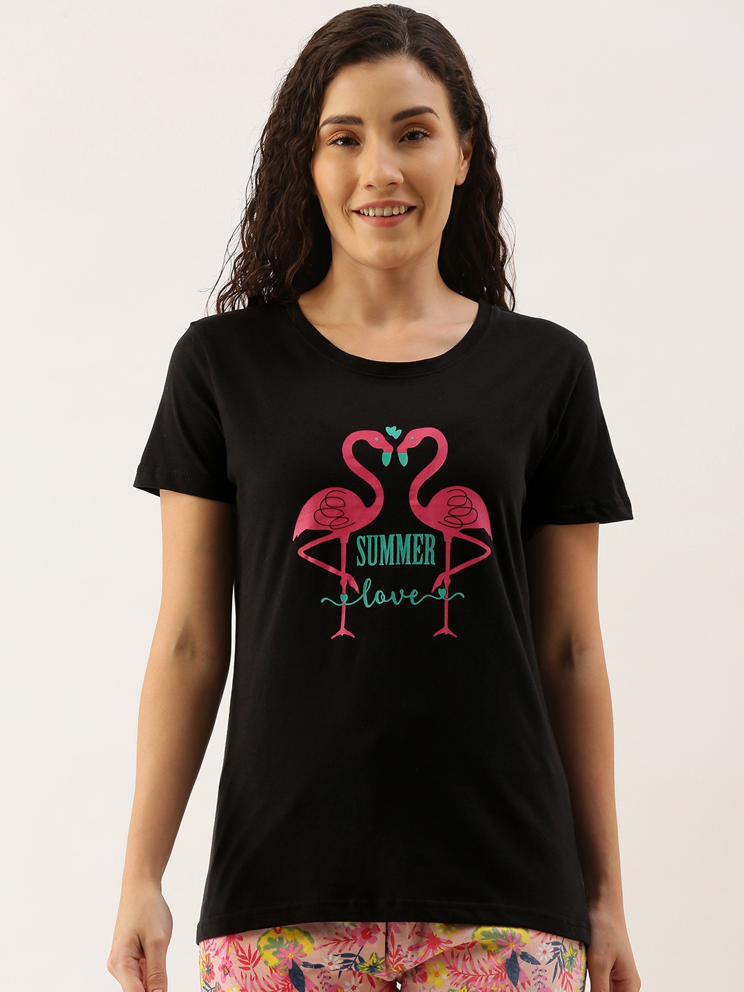 

Kryptic Women Black & Pink Pure Cotton Graphic Printed Lounge T-shirt
