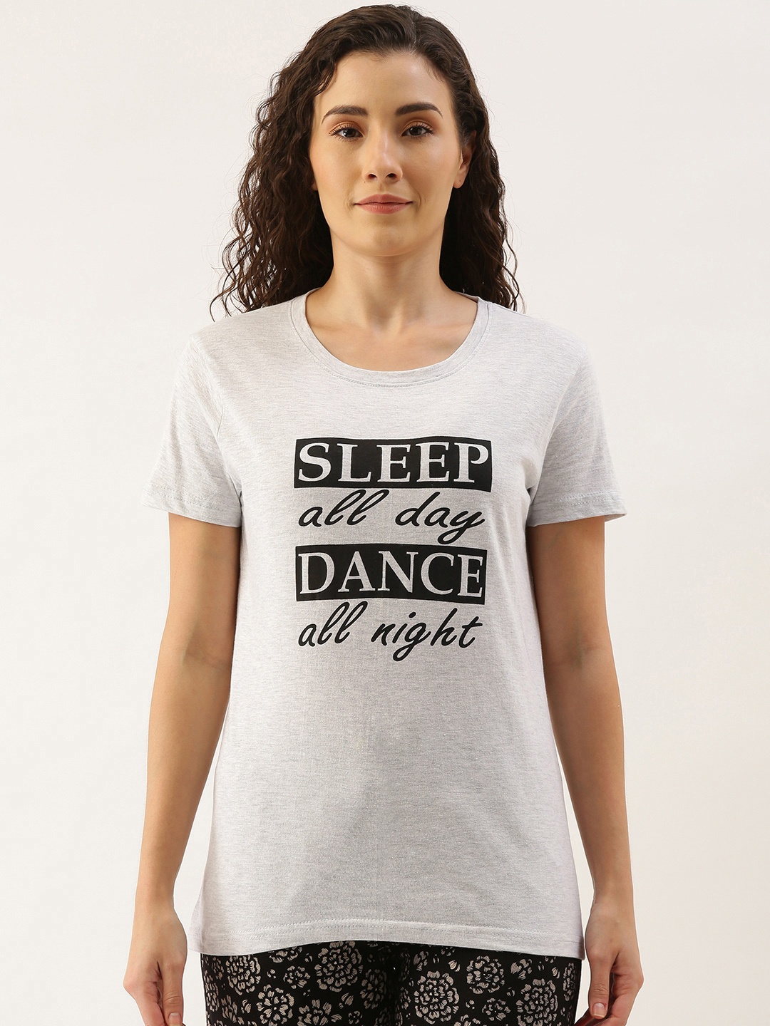 

Kryptic Women Grey Melange & Black Pure Cotton Typography Printed Lounge T-shirt
