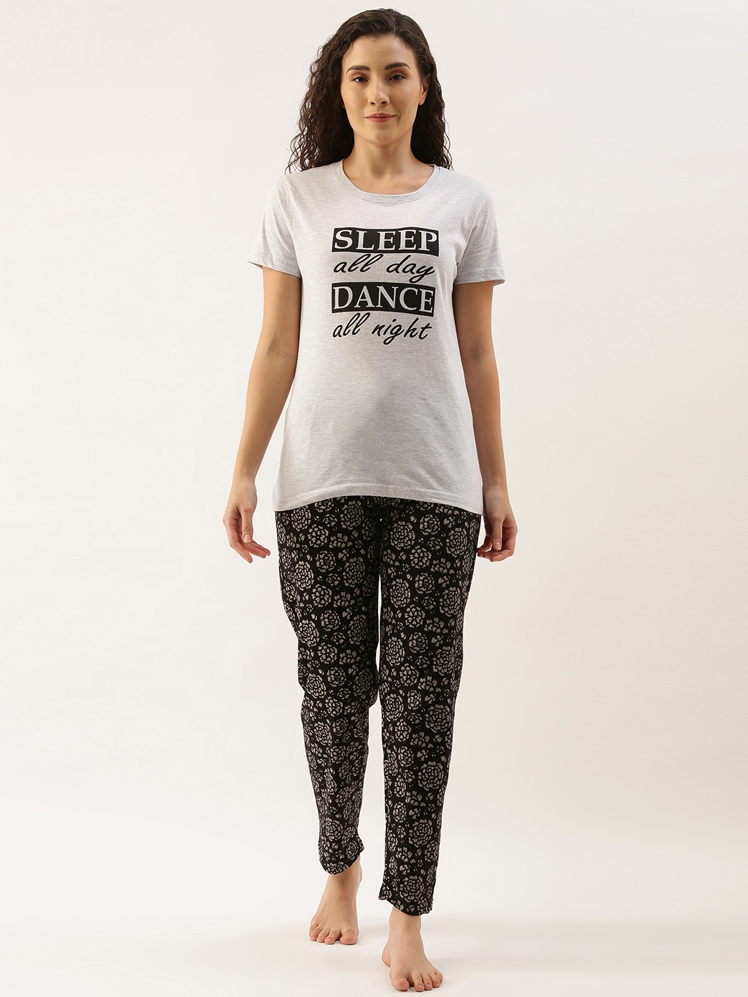 

Kryptic Women Grey Melange & Black Pure Cotton Typography Printed Pyjama Set