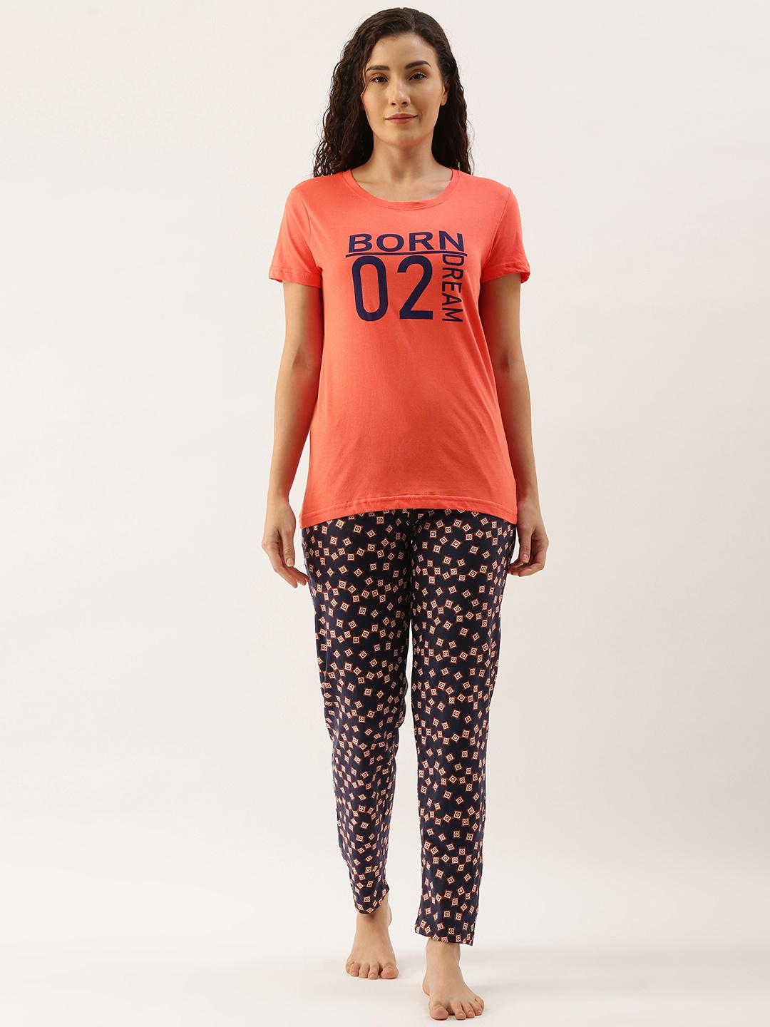 

Kryptic Women Coral & Navy Blue Pure Cotton Typography Printed Pyjama Set