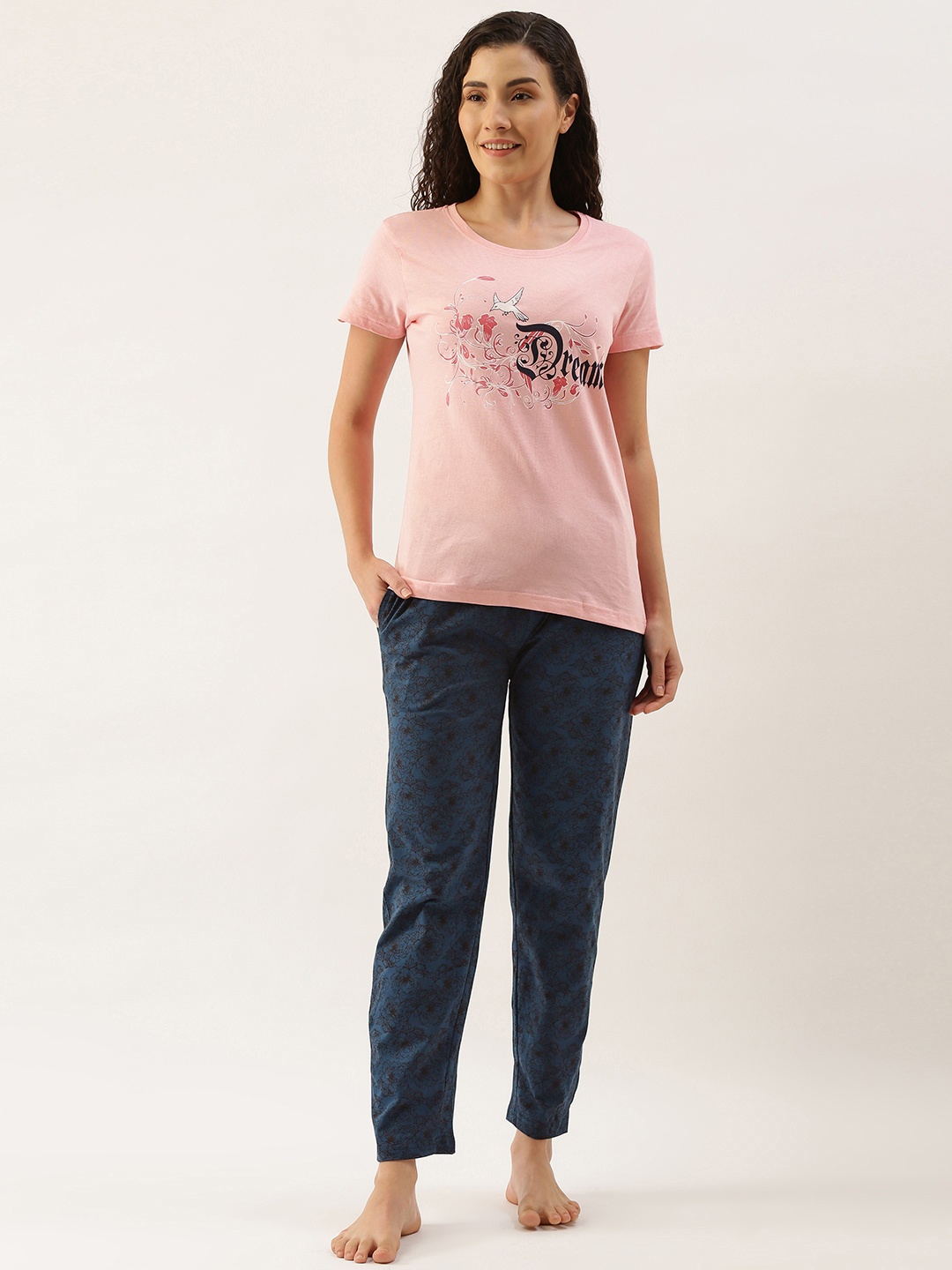 

Kryptic Women Pink & Teal Blue Pure Cotton Typography Printed Pyjama Set