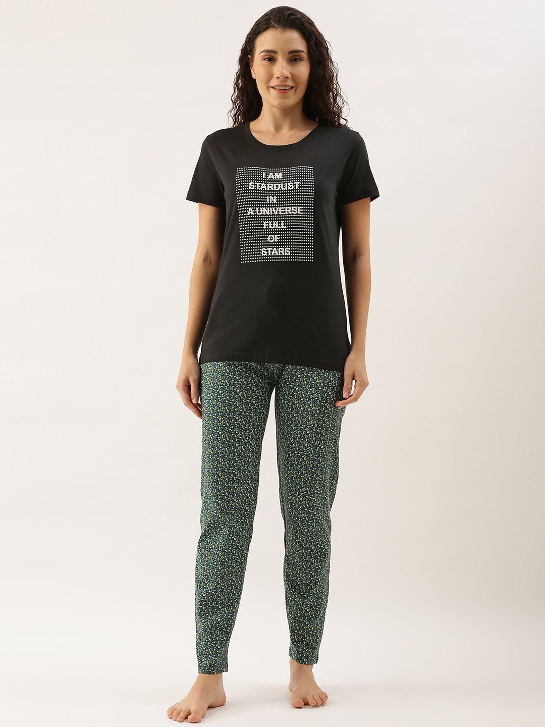Kryptic Women Black & Green Pure Cotton Typography Printed Pyjama Set