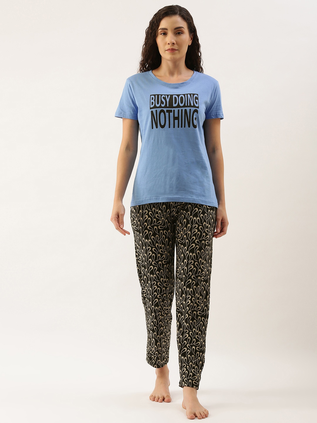 

Kryptic Women Blue & Black Pure Cotton Typography Printed Pyjama Set