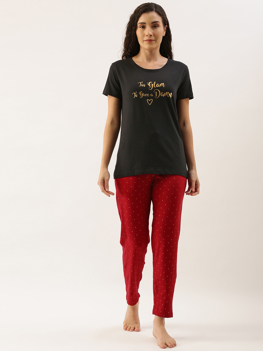 

Kryptic Women Black & Maroon Pure Cotton Typography Printed Pyjama Set