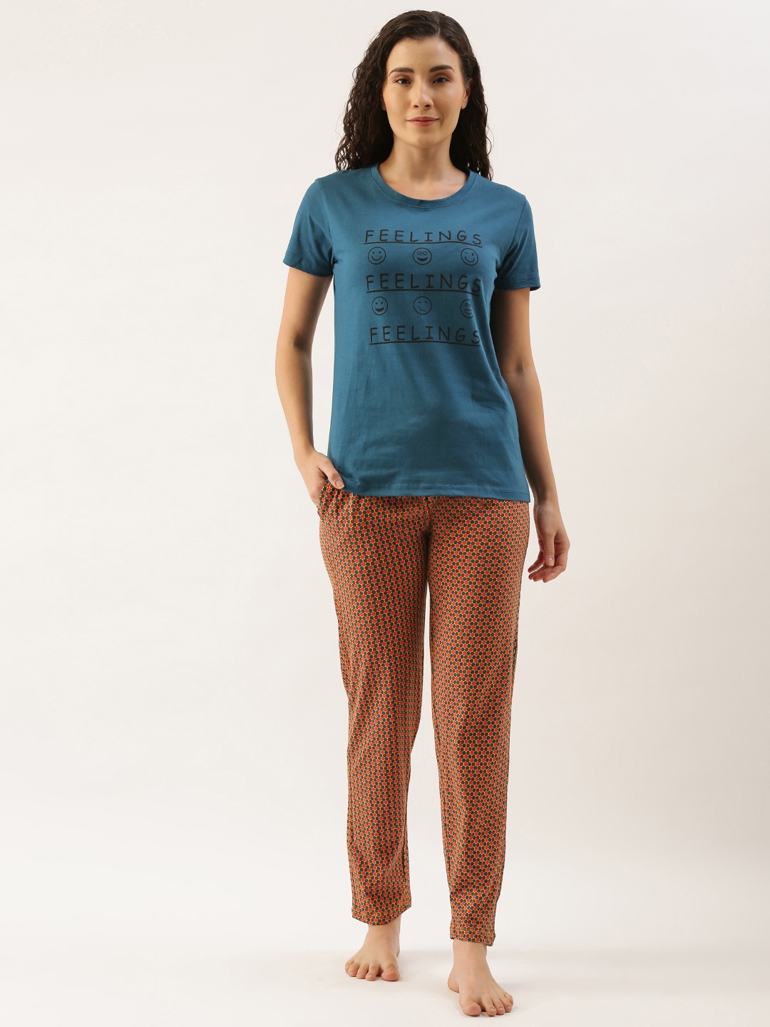

Kryptic Women Teal Blue & Mustard Pure Cotton Typography Printed Pyjama Set