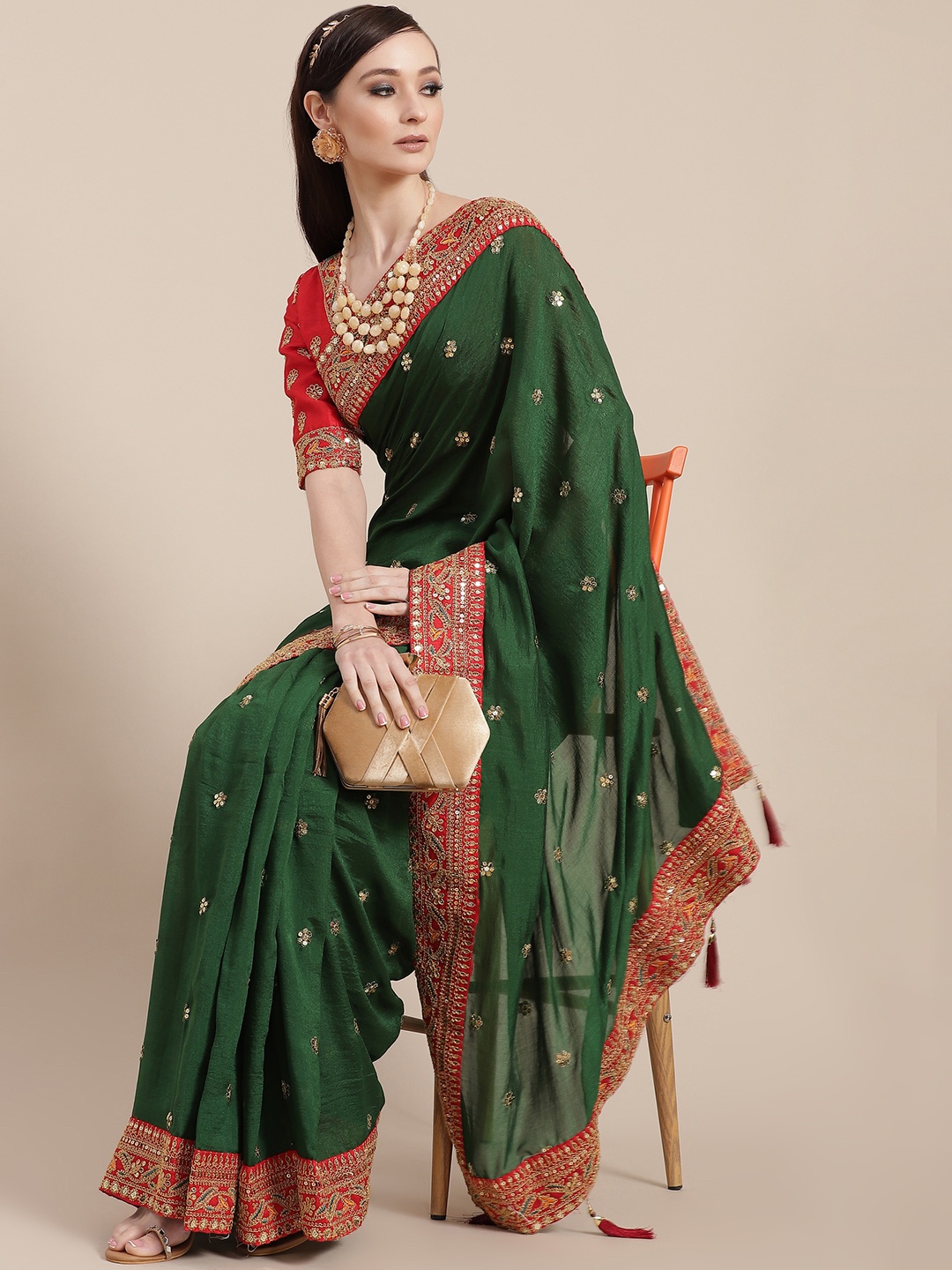 

SHUBHVASTRA Green Embroidered Art Silk Saree