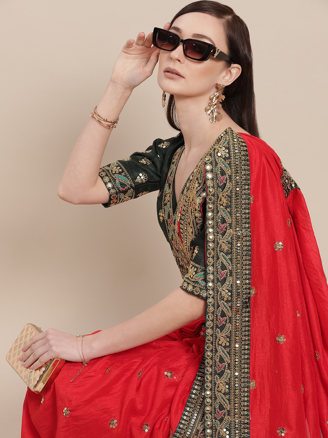 

SHUBHVASTRA Red Embroidered Art Silk Saree