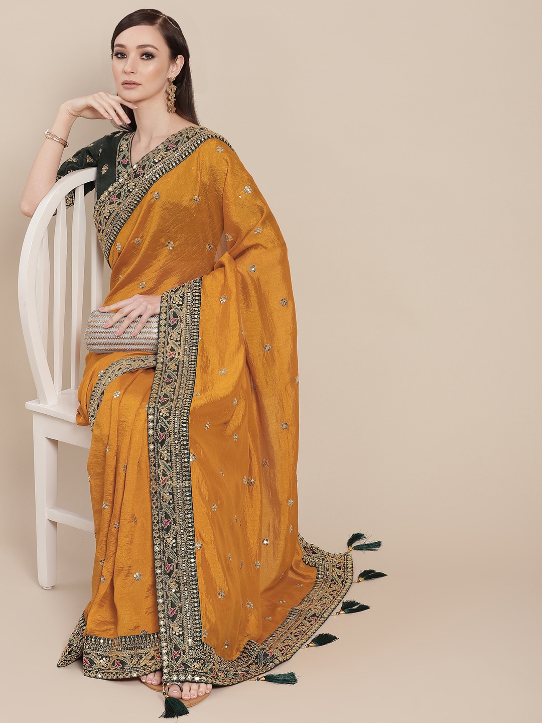 

SHUBHVASTRA Mustard Embroidered Art Silk Saree