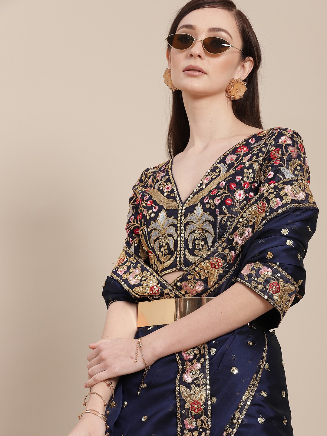 

SHUBHVASTRA Navy Blue Embroidered Art Silk Saree