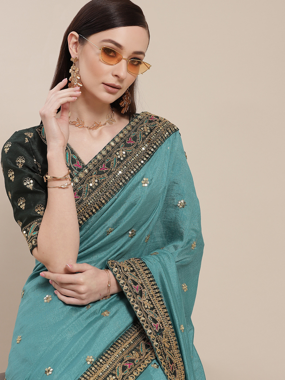 

SHUBHVASTRA Turquoise Blue Embroidered Art Silk Saree