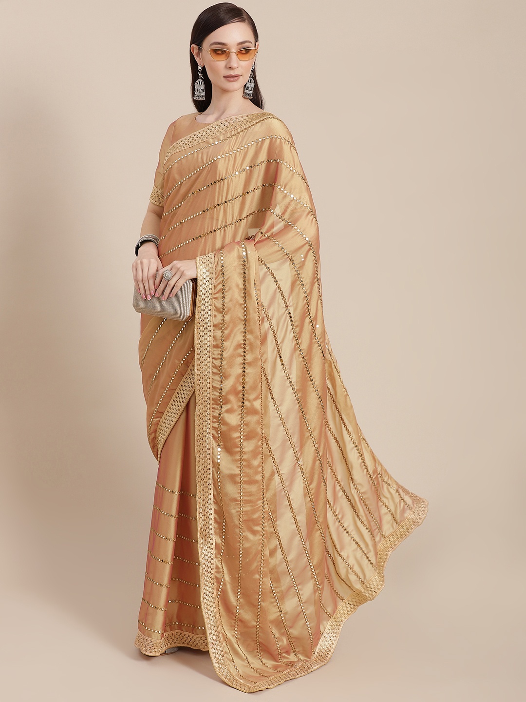 

SHUBHVASTRA Beige Embroidered Art Silk Saree