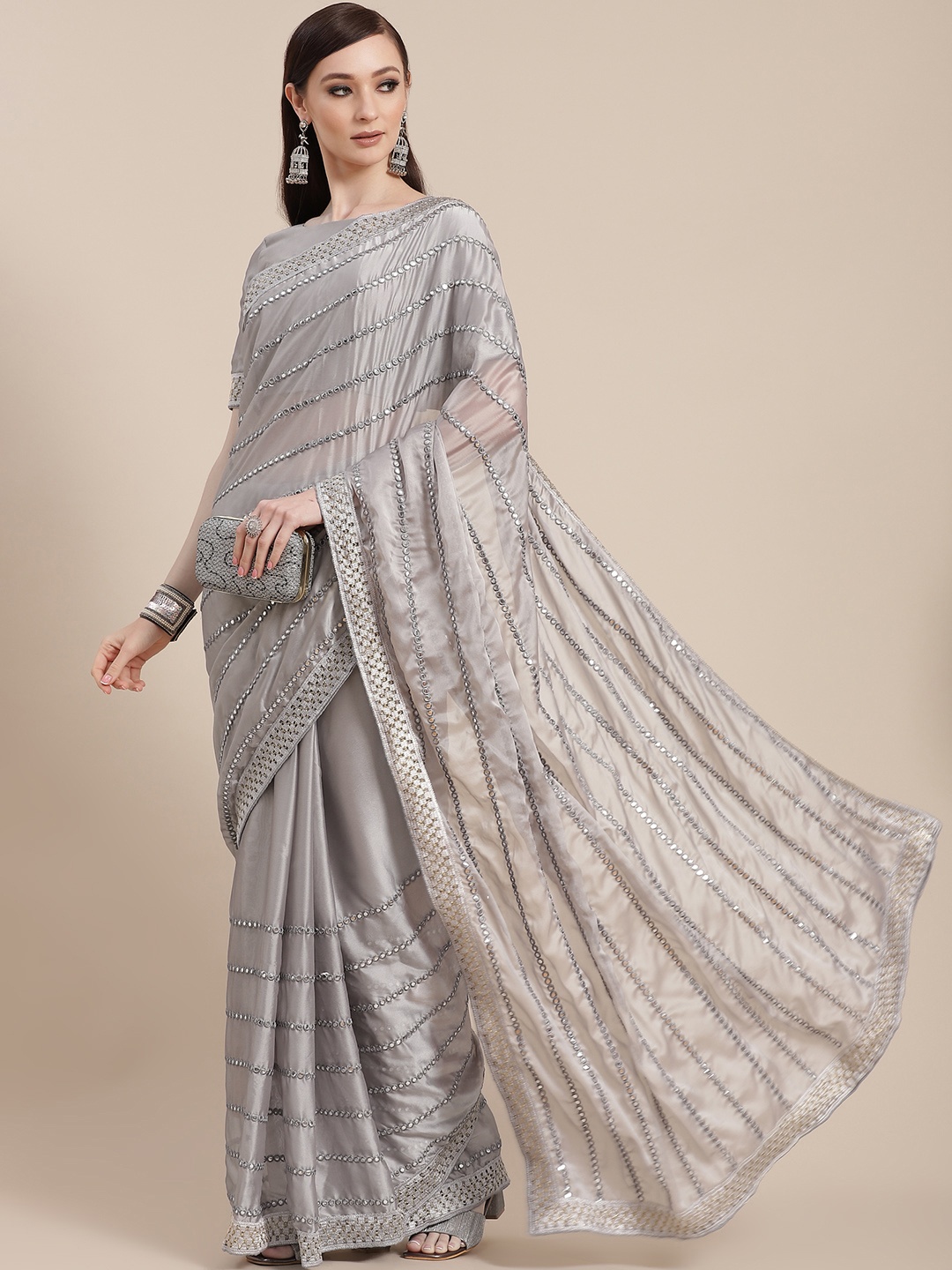

SHUBHVASTRA Grey Embroidered Art Silk Saree