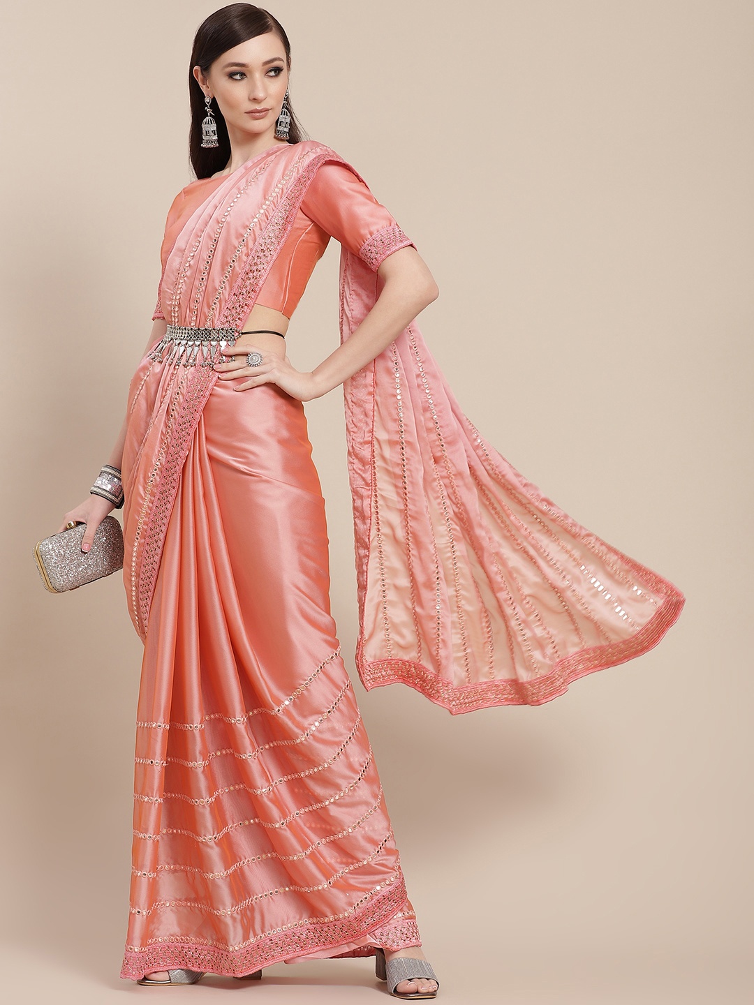 

SHUBHVASTRA Peach-Coloured Embroidered Art Silk Saree