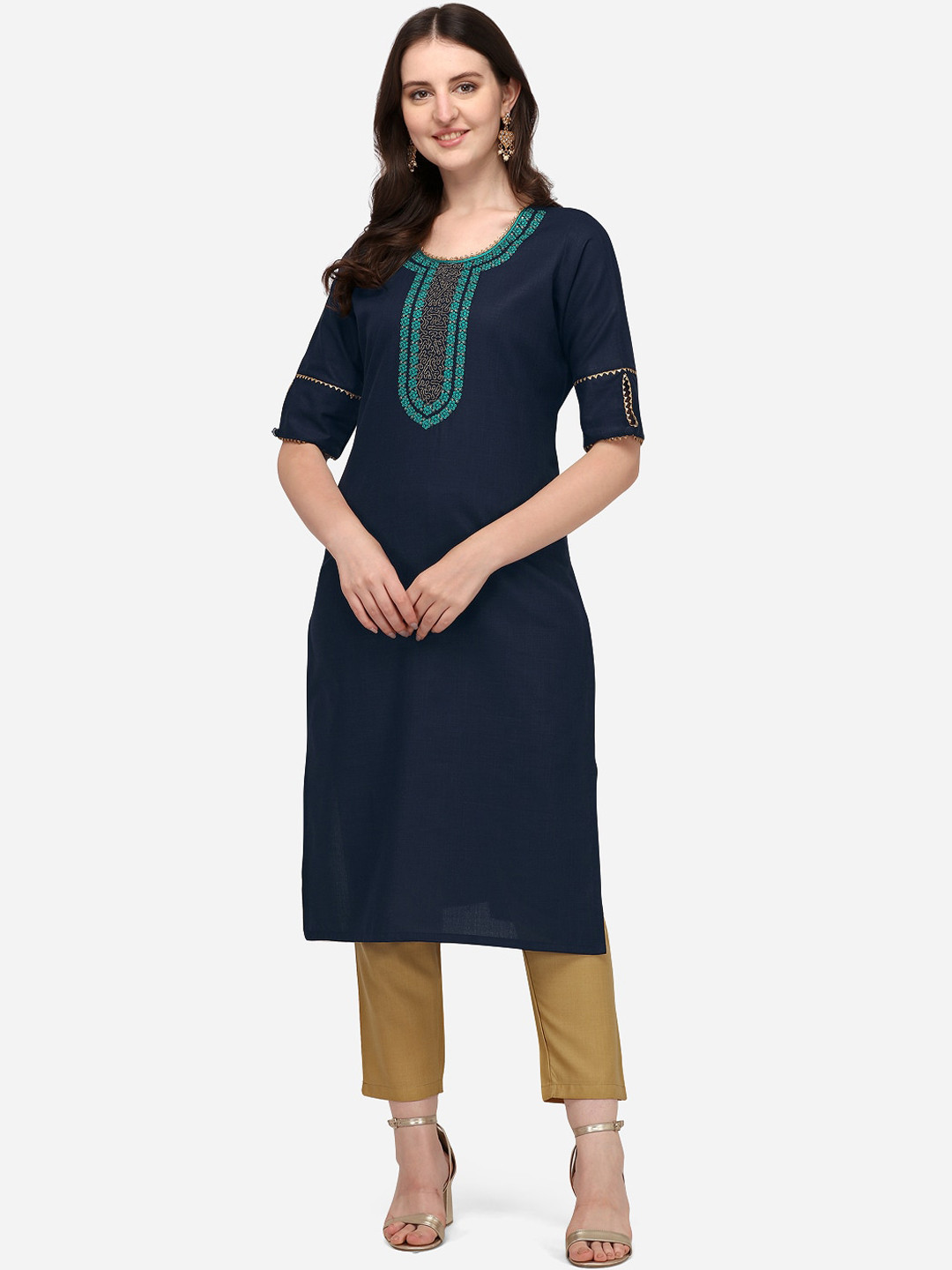 

SAADHVI Women Navy Blue & Green Ethnic Motifs Yoke Design Thread Work Cotton Kurta
