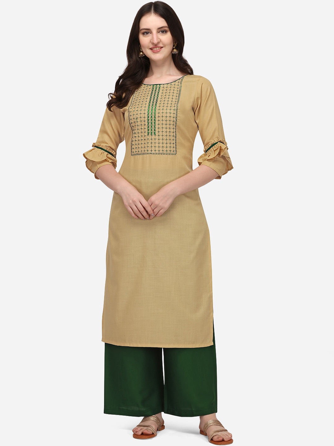 

SAADHVI Women Beige Geometric Yoke Design Thread Work Pastels Kurta