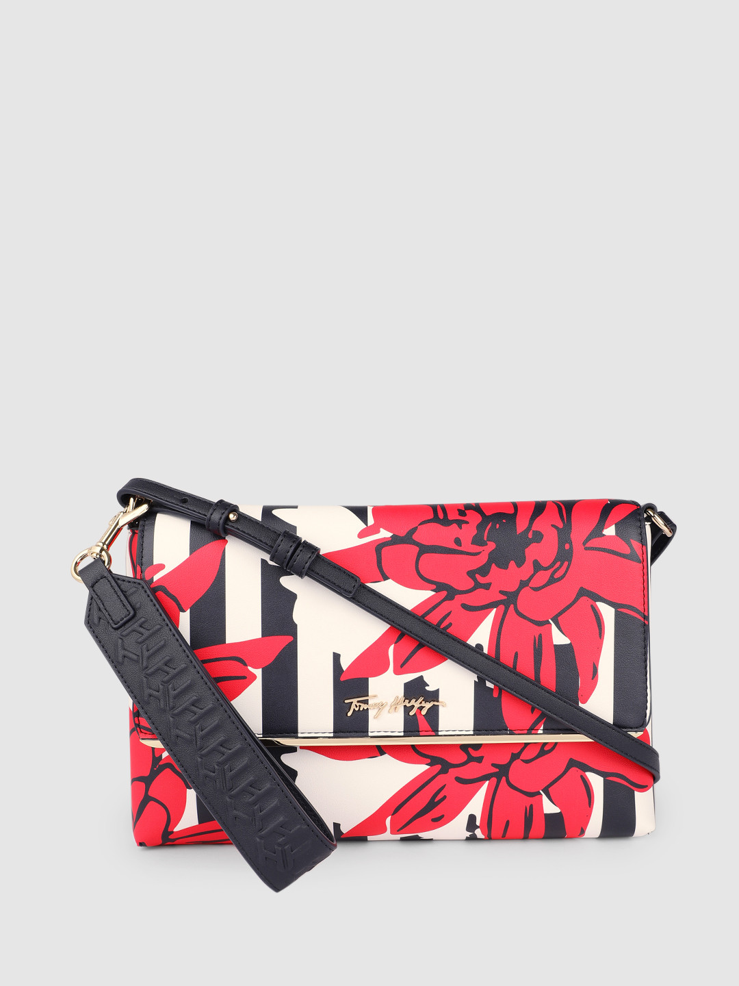 

Tommy Hilfiger Off-White & Fuschia Floral Printed Structured Sling Bag
