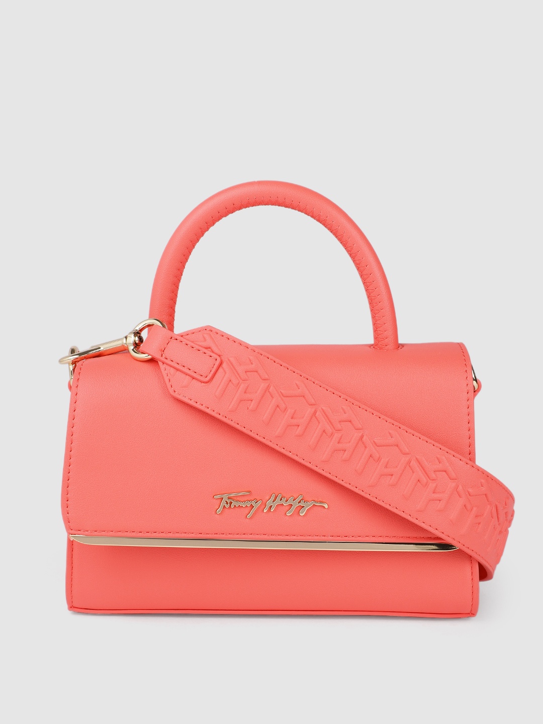 

Tommy Hilfiger Coral Red Solid Structured Handheld Bag